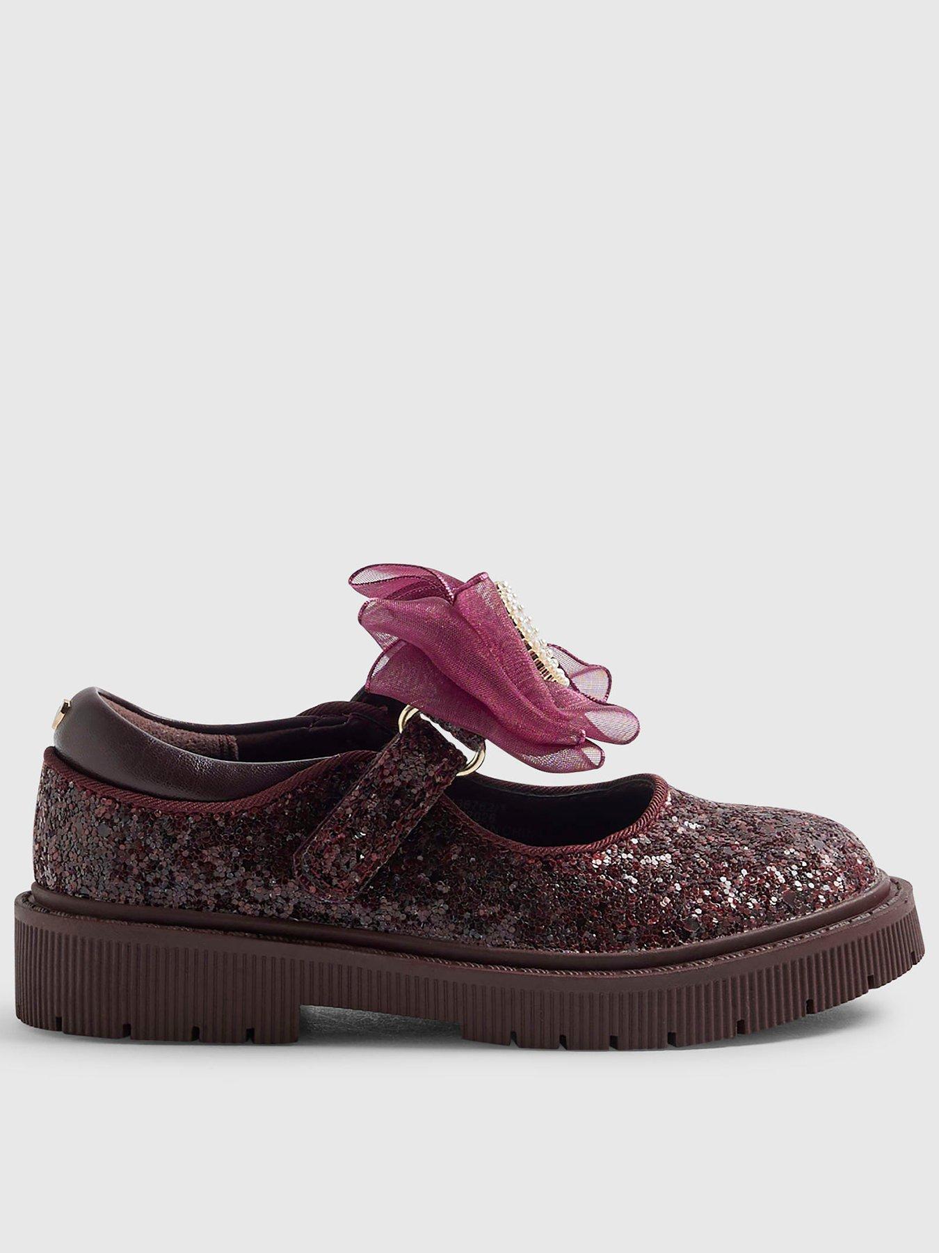 Image 1 of 5 of River Island Mini Girls Sequin Bow Strap Mary Jane Shoes - Burgundy