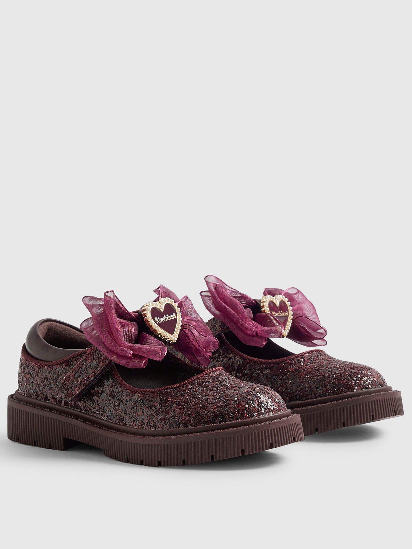 Image 2 of 5 of River Island Mini Girls Sequin Bow Strap Mary Jane Shoes - Burgundy