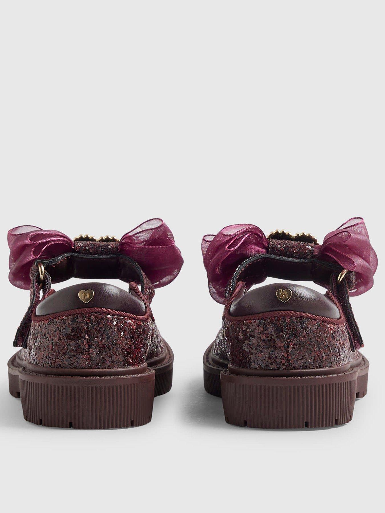 Image 3 of 5 of River Island Mini Girls Sequin Bow Strap Mary Jane Shoes - Burgundy