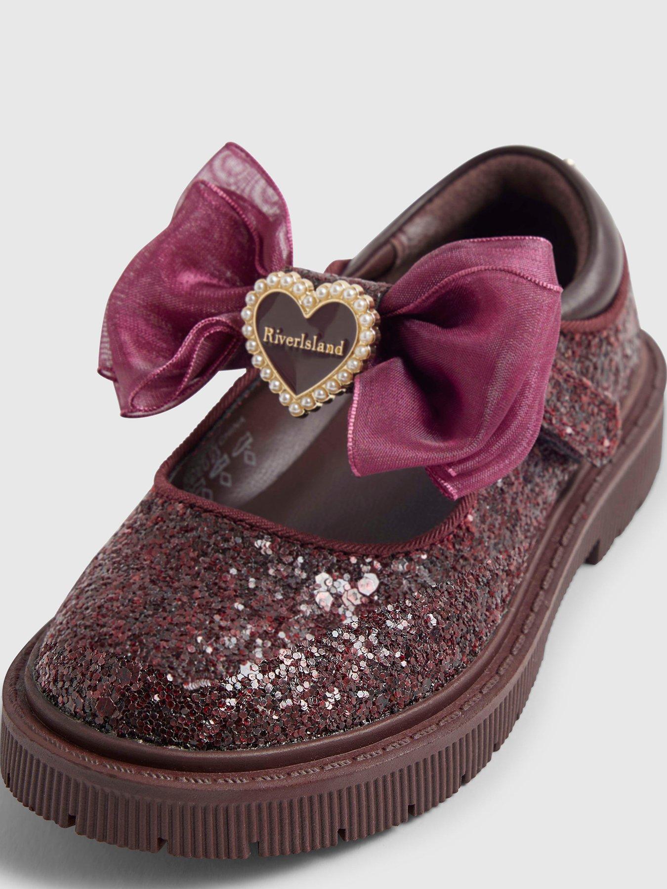 Image 4 of 5 of River Island Mini Girls Sequin Bow Strap Mary Jane Shoes - Burgundy