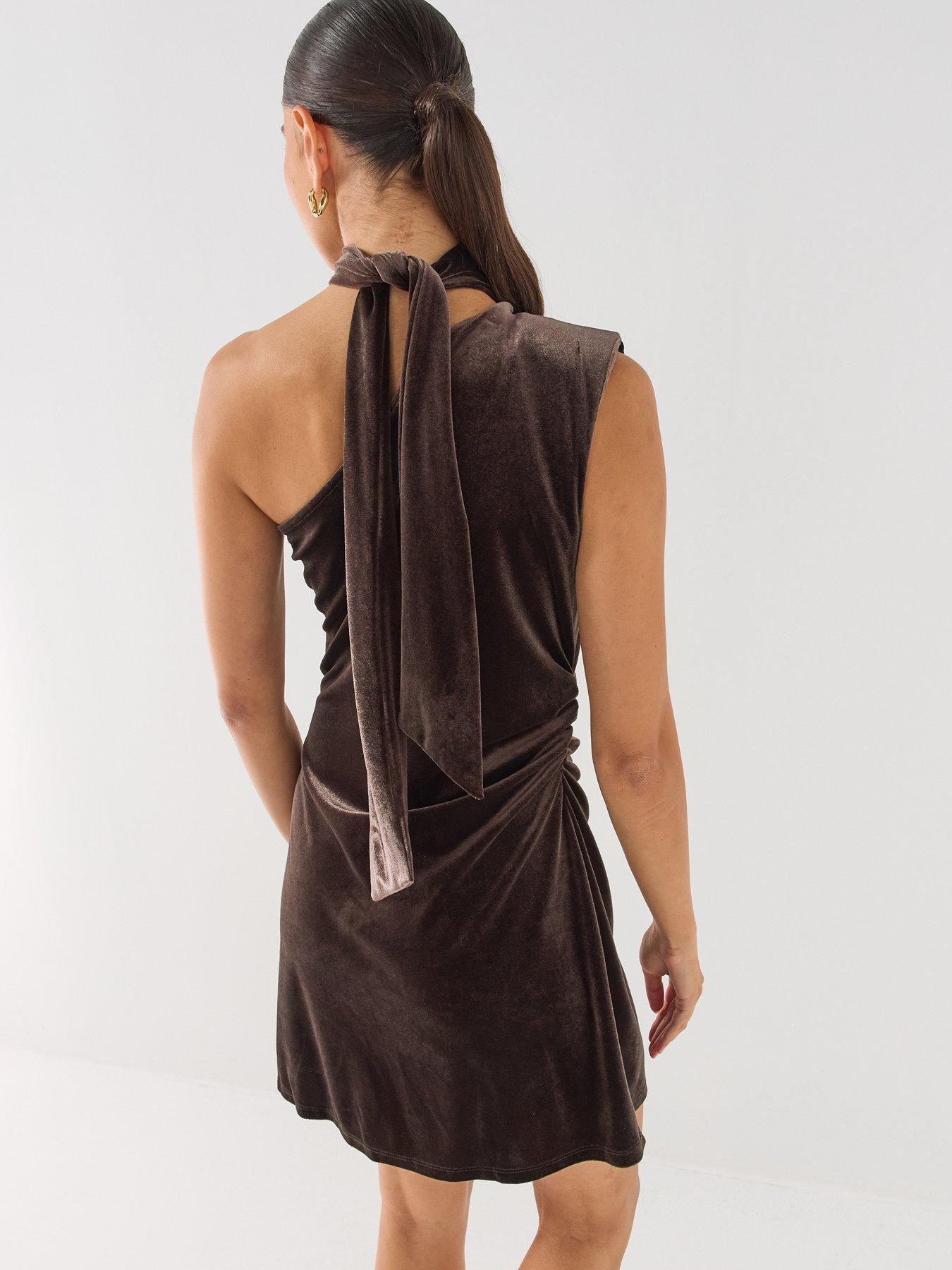 Image 2 of 6 of Vero Moda Womens One-Shoulder Neck Tie Mini Dress - Brown