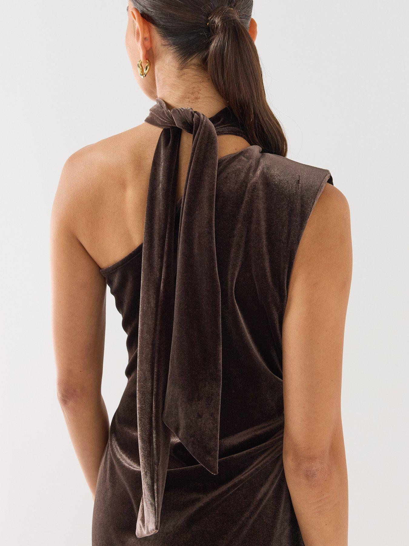 Image 4 of 6 of Vero Moda Womens One-Shoulder Neck Tie Mini Dress - Brown