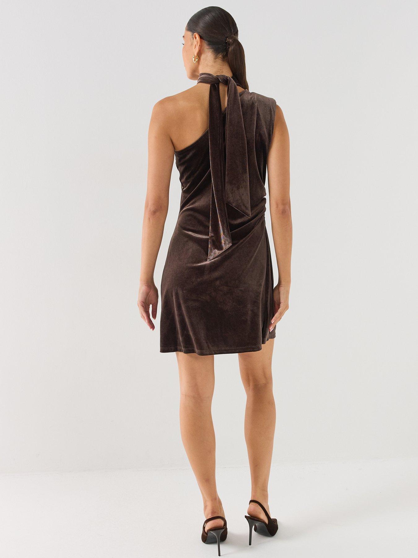 Image 5 of 6 of Vero Moda Womens One-Shoulder Neck Tie Mini Dress - Brown