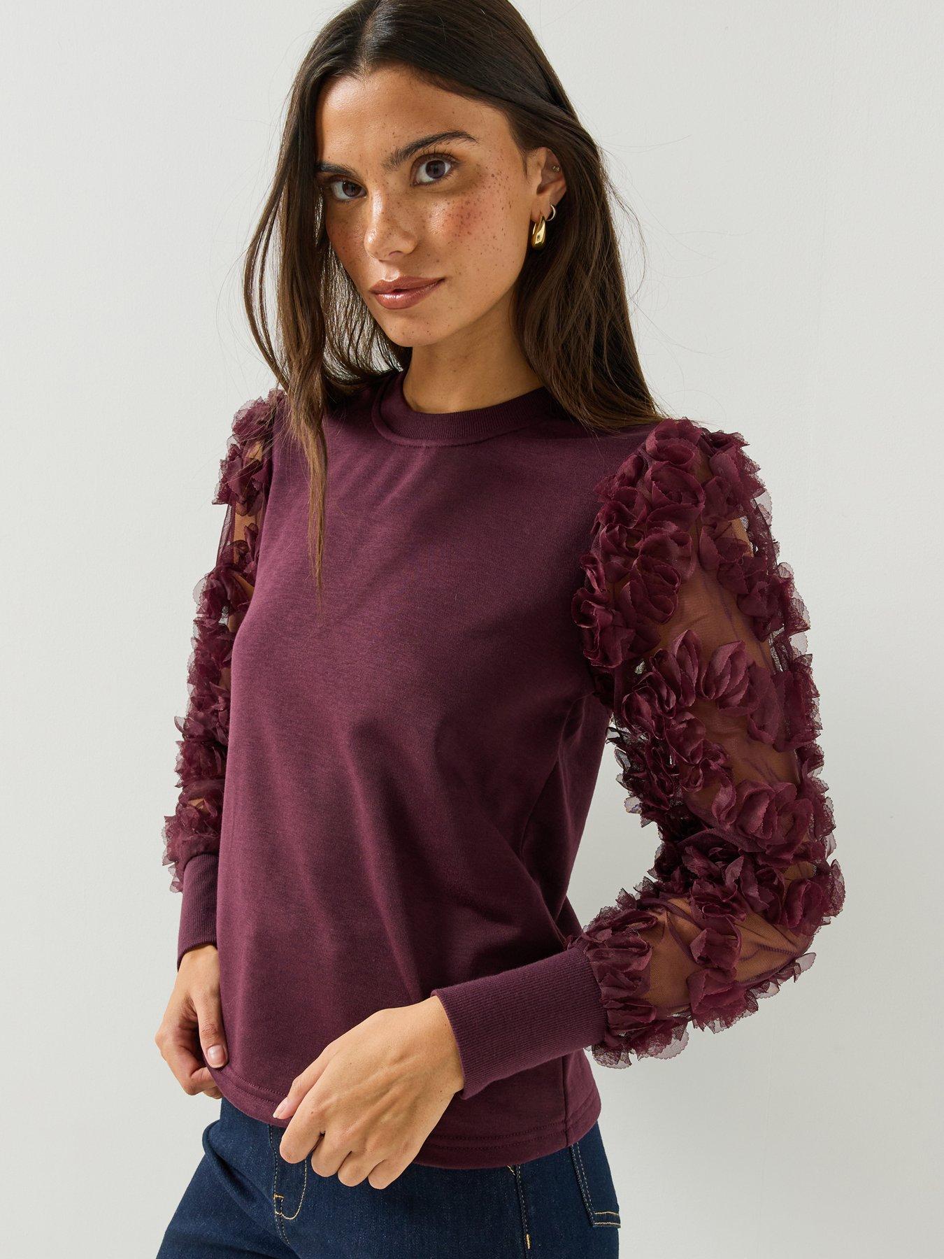 Image 1 of 4 of JDY Womens Fairview Life 3D Floral Mesh Sleeve Sweatshirt - Red