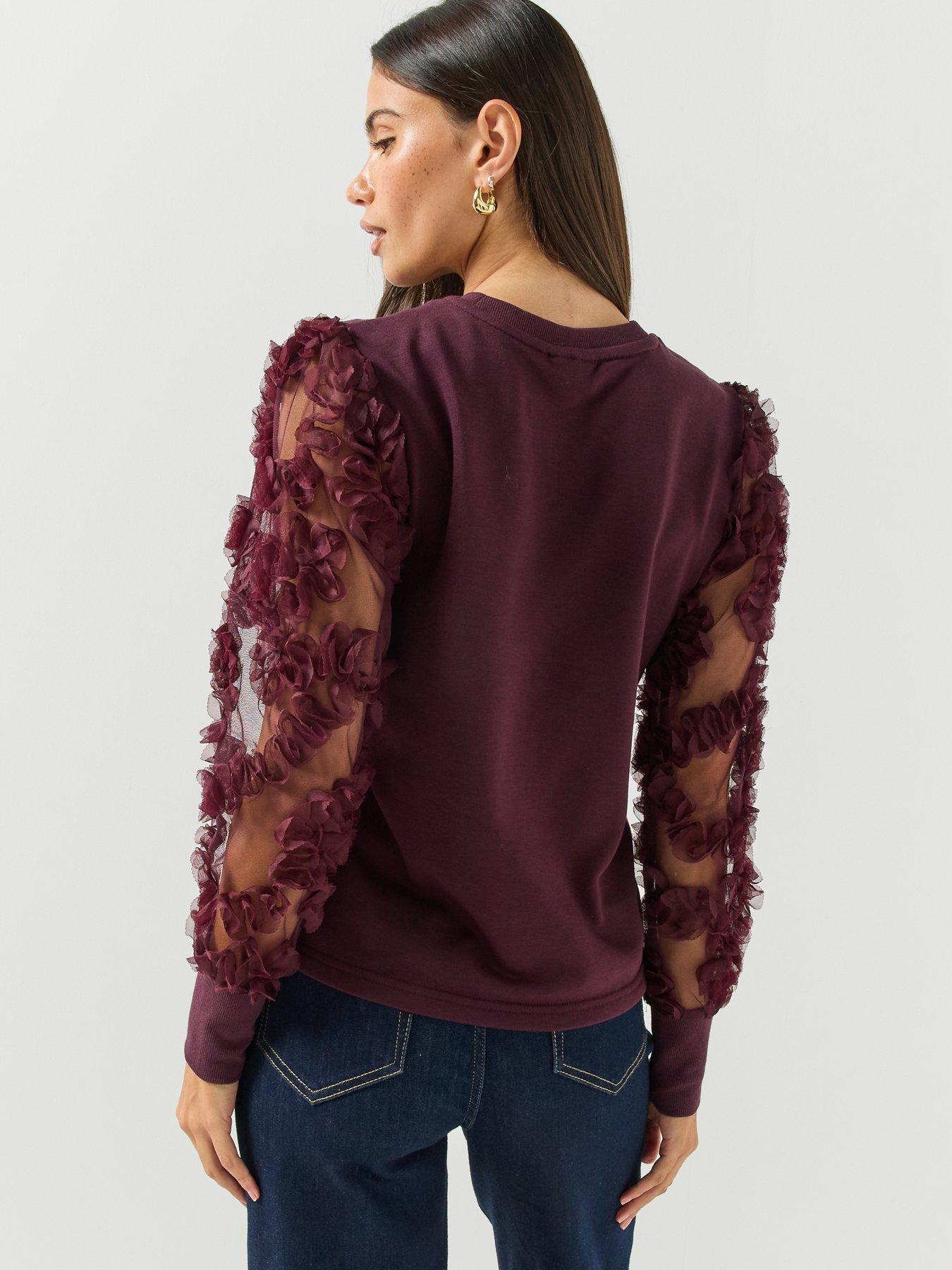 Image 2 of 4 of JDY Womens Fairview Life 3D Floral Mesh Sleeve Sweatshirt - Red