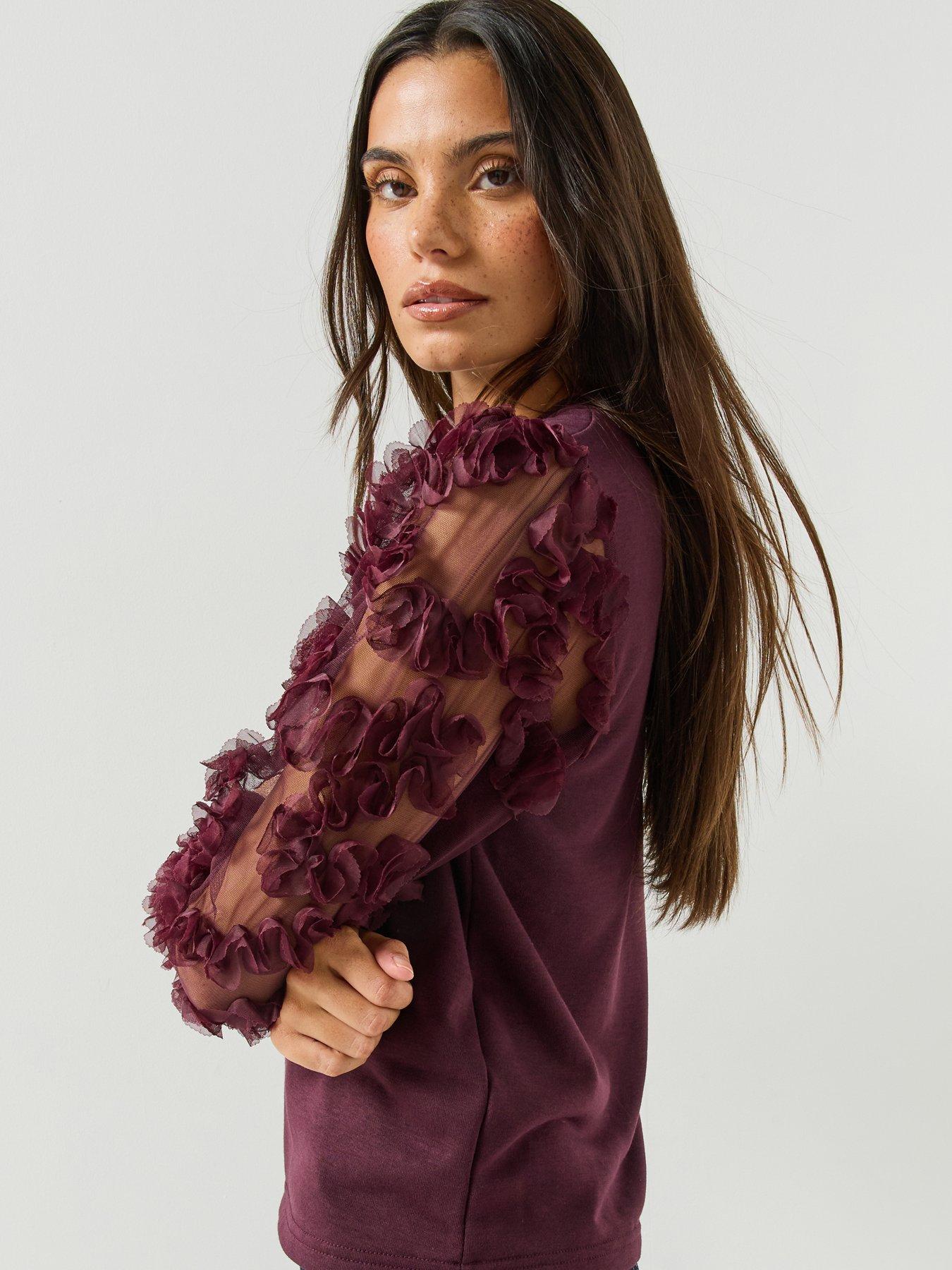 Image 4 of 4 of JDY Womens Fairview Life 3D Floral Mesh Sleeve Sweatshirt - Red
