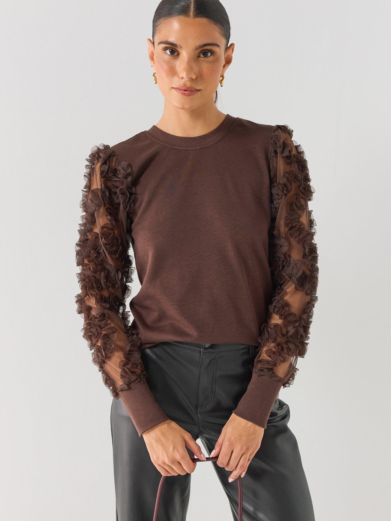 Image 1 of 6 of JDY Womens Sheer Floral Sleeve Crew Neck Sweatshirt - Brown