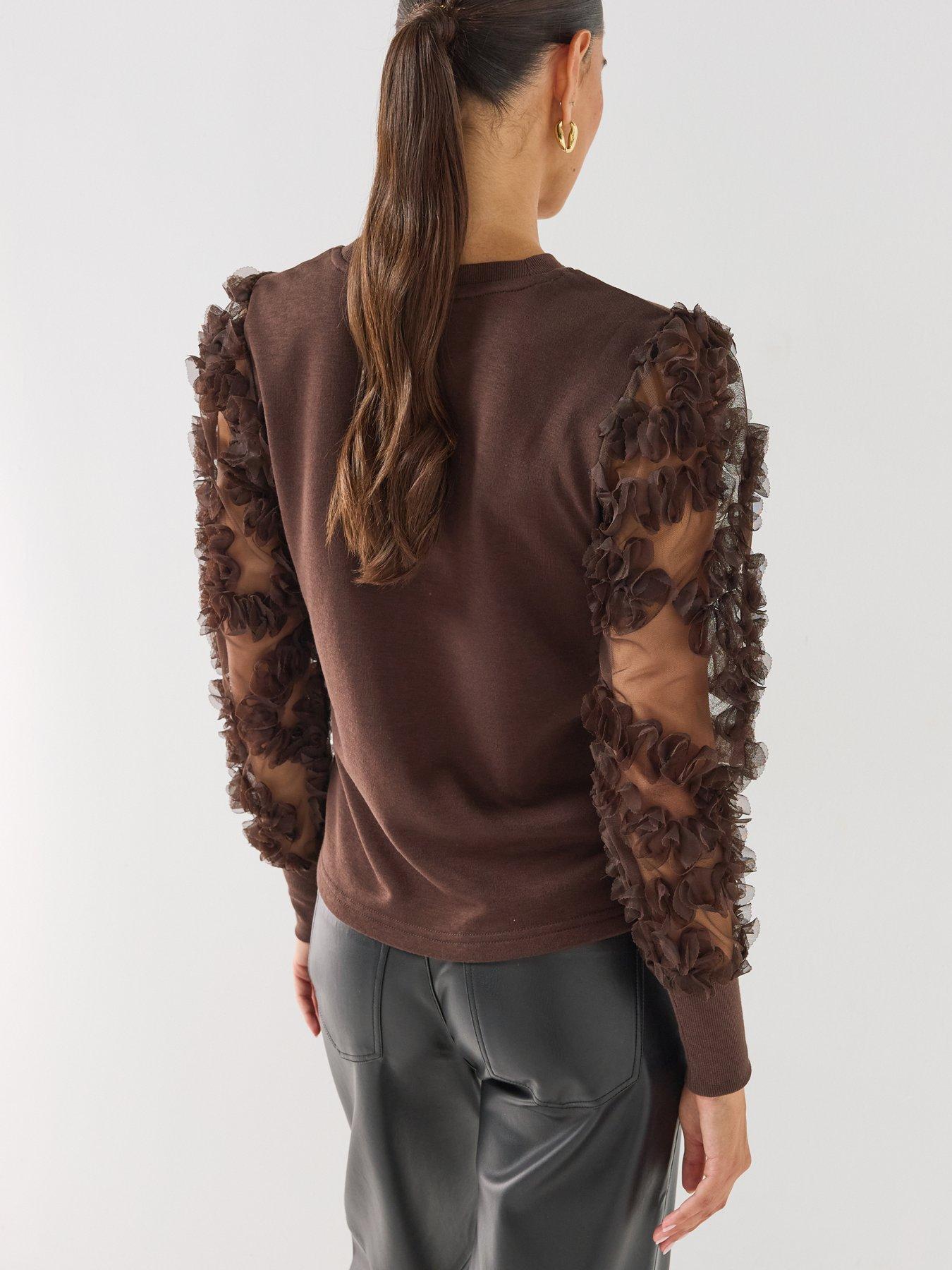 Image 2 of 6 of JDY Womens Sheer Floral Sleeve Crew Neck Sweatshirt - Brown