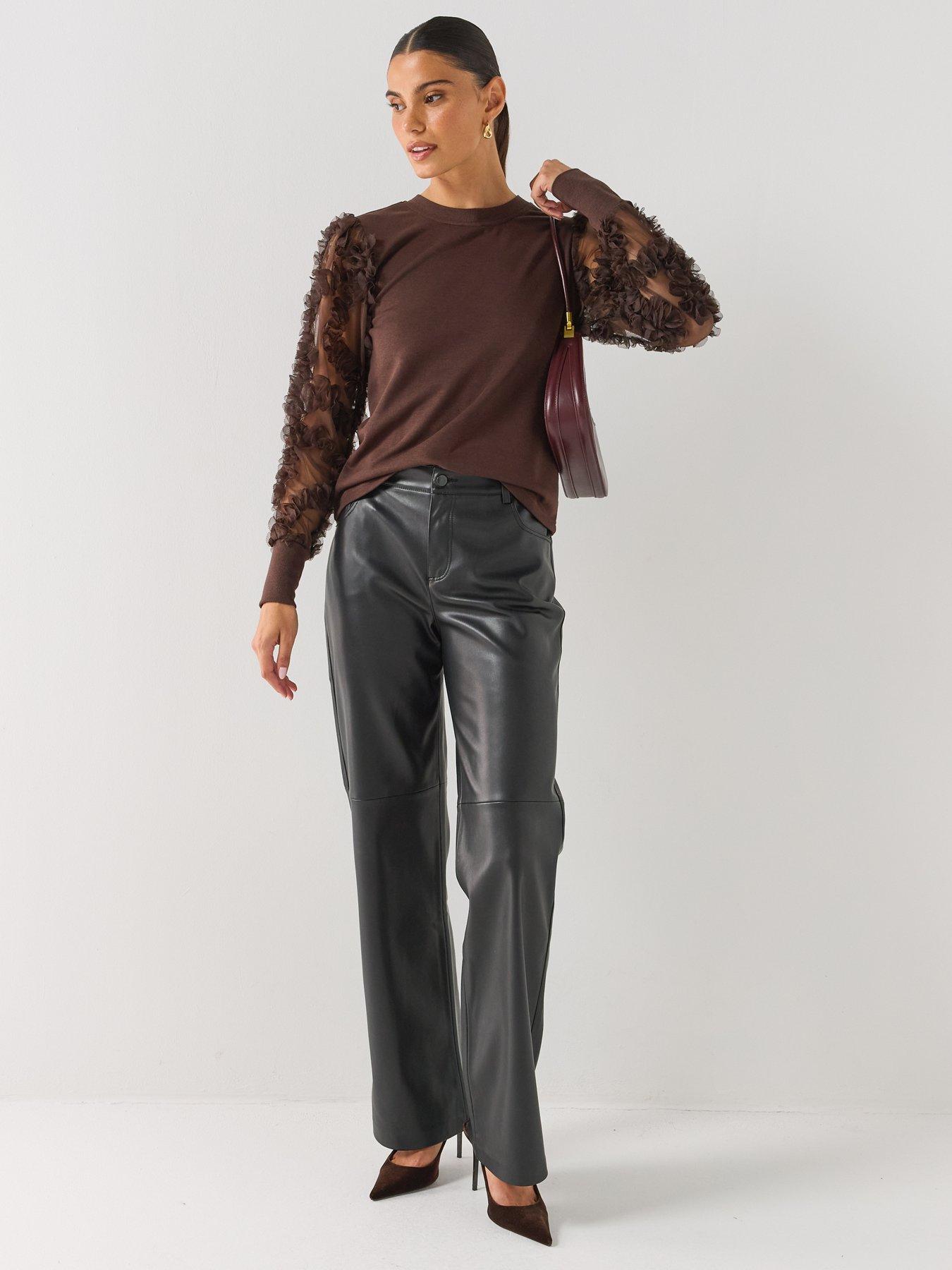 Image 3 of 6 of JDY Womens Sheer Floral Sleeve Crew Neck Sweatshirt - Brown