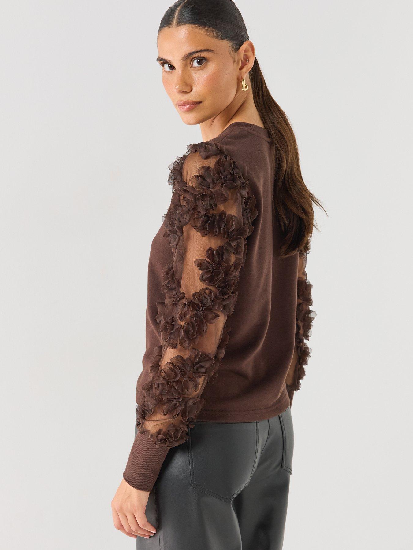 Image 5 of 6 of JDY Womens Sheer Floral Sleeve Crew Neck Sweatshirt - Brown