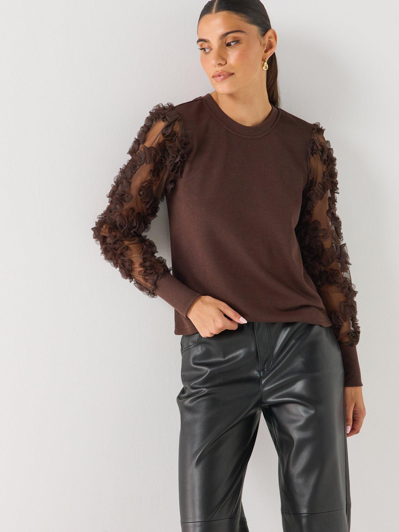 Image 6 of 6 of JDY Womens Sheer Floral Sleeve Crew Neck Sweatshirt - Brown
