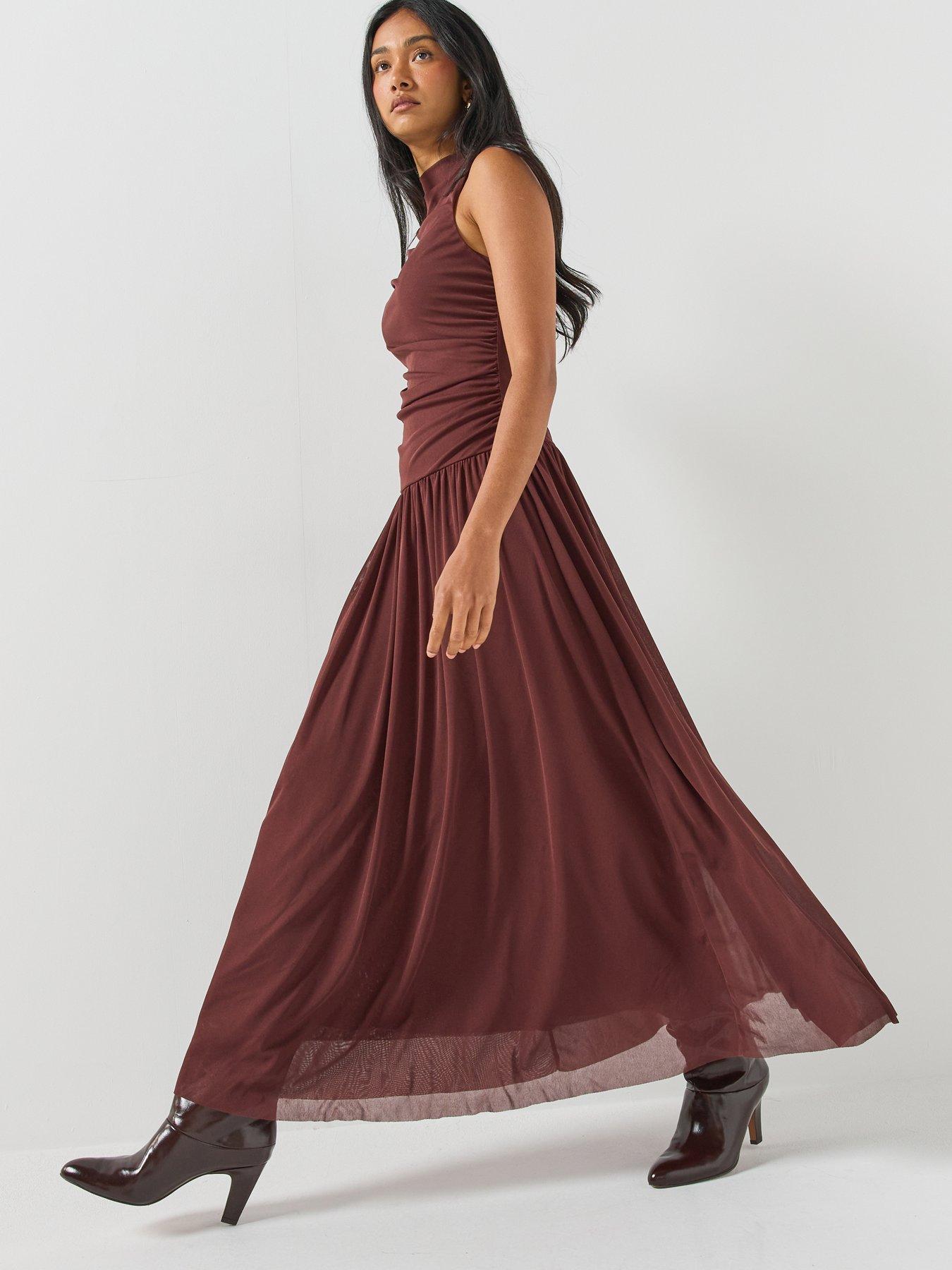 Image 3 of 6 of JDY Womens Ruched High Neck Maxi Dress - Brown