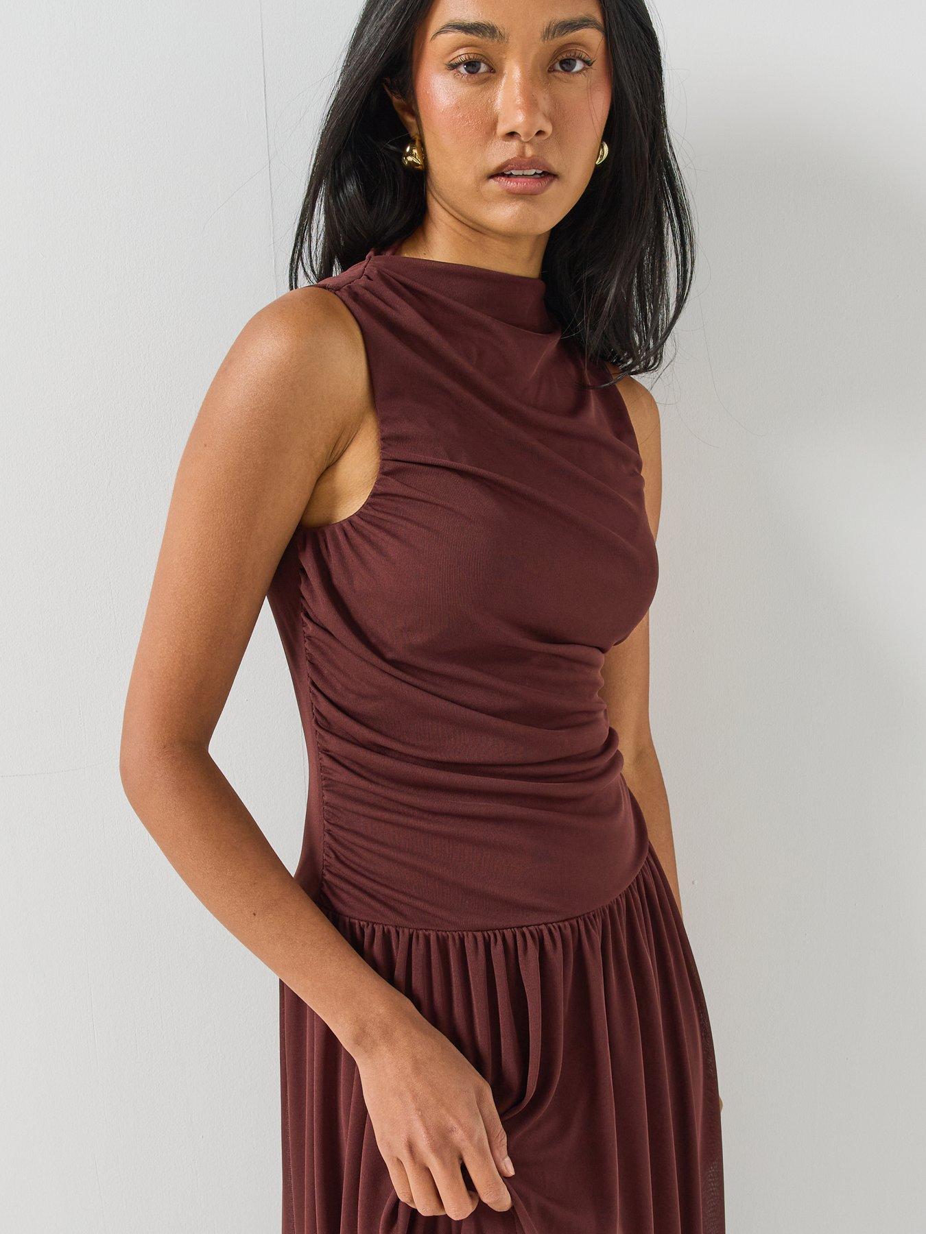 Image 5 of 6 of JDY Womens Ruched High Neck Maxi Dress - Brown