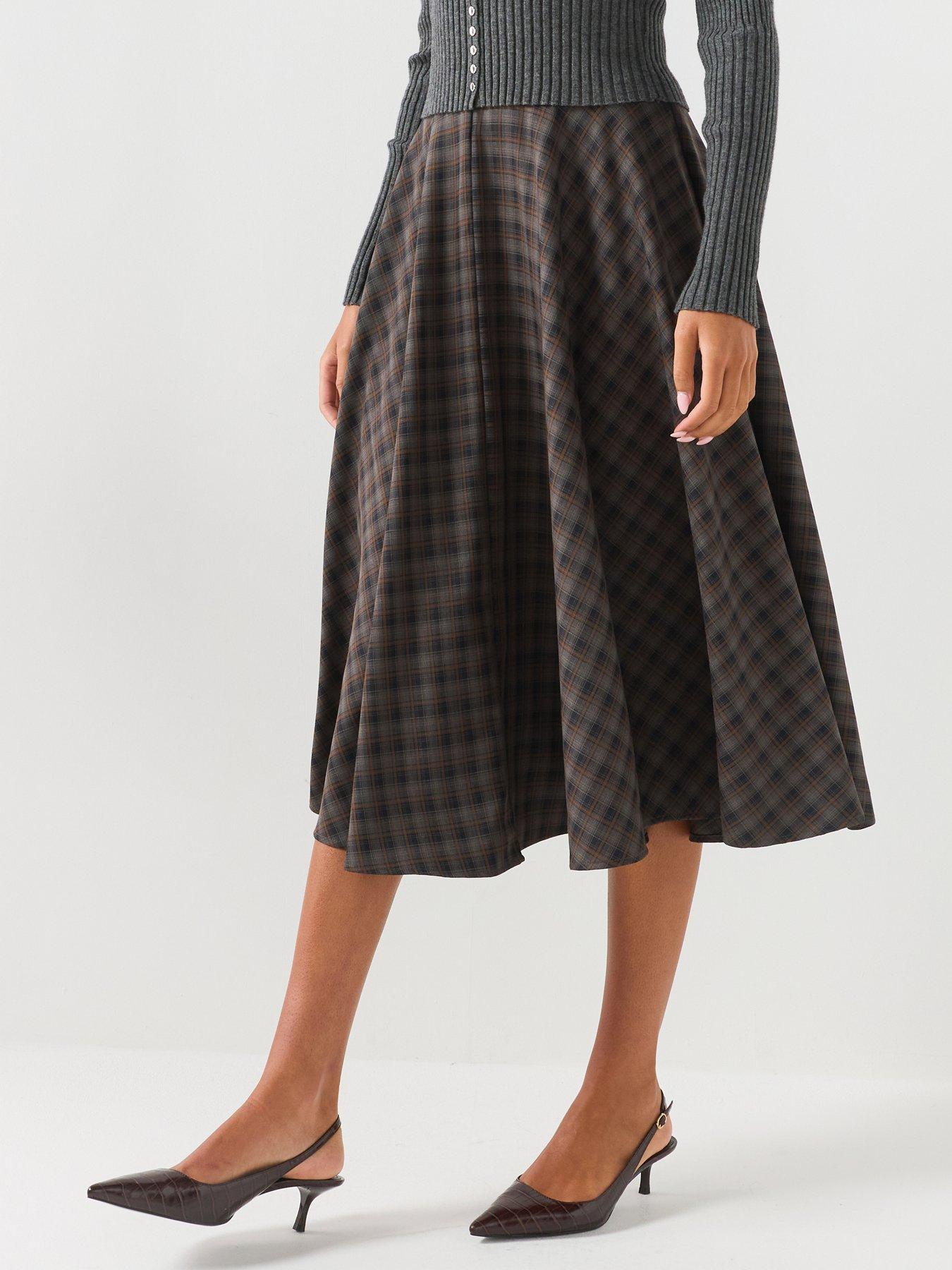 Image 1 of 4 of JDY Womens Checked Flared Midi Skirt - Grey