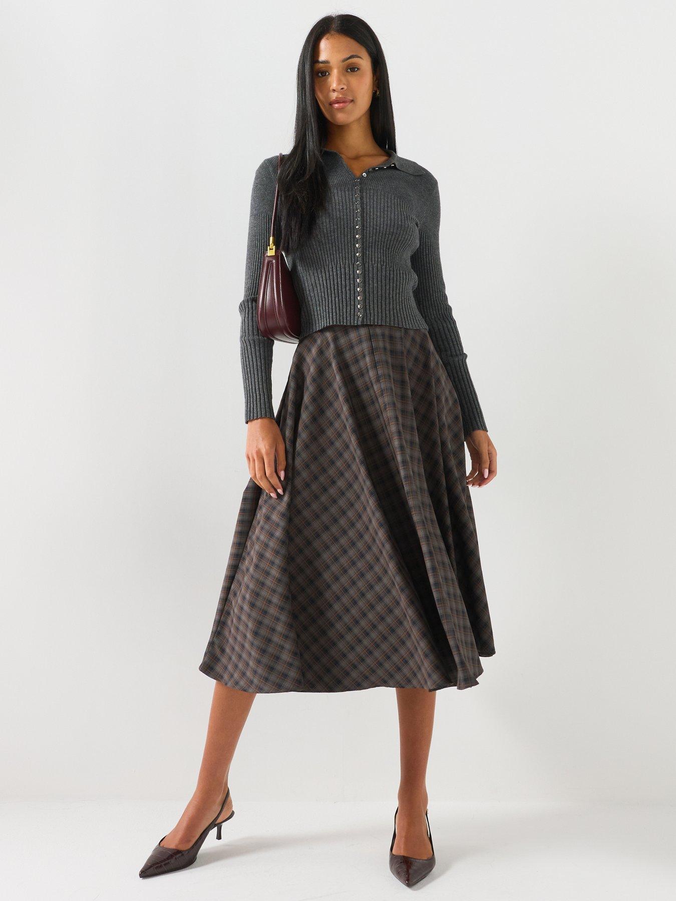 Image 4 of 4 of JDY Womens Checked Flared Midi Skirt - Grey