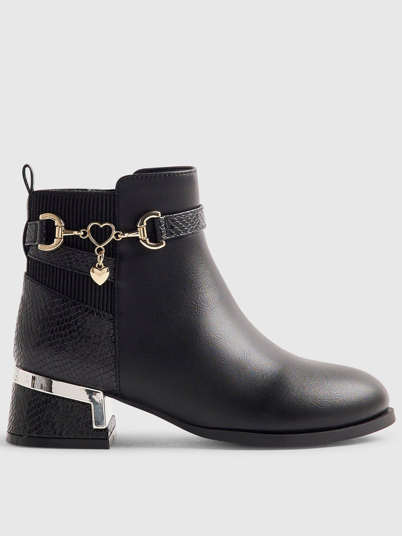 River Island Girls Heart Charm Buckle Block Heel Boots - Black
