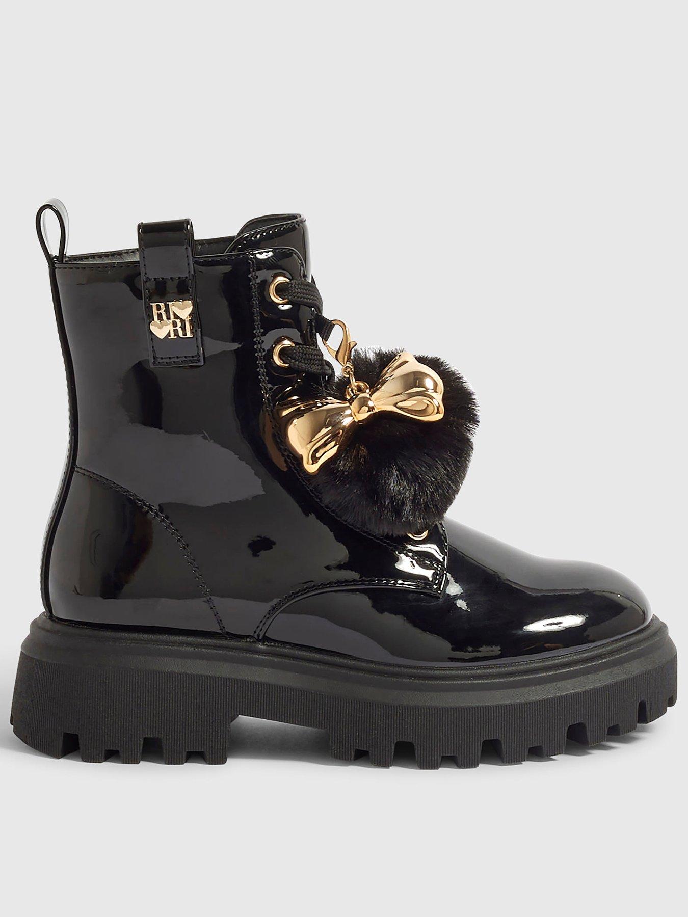 River Island Girls Side Zip Pom Lace Up Boots - Black