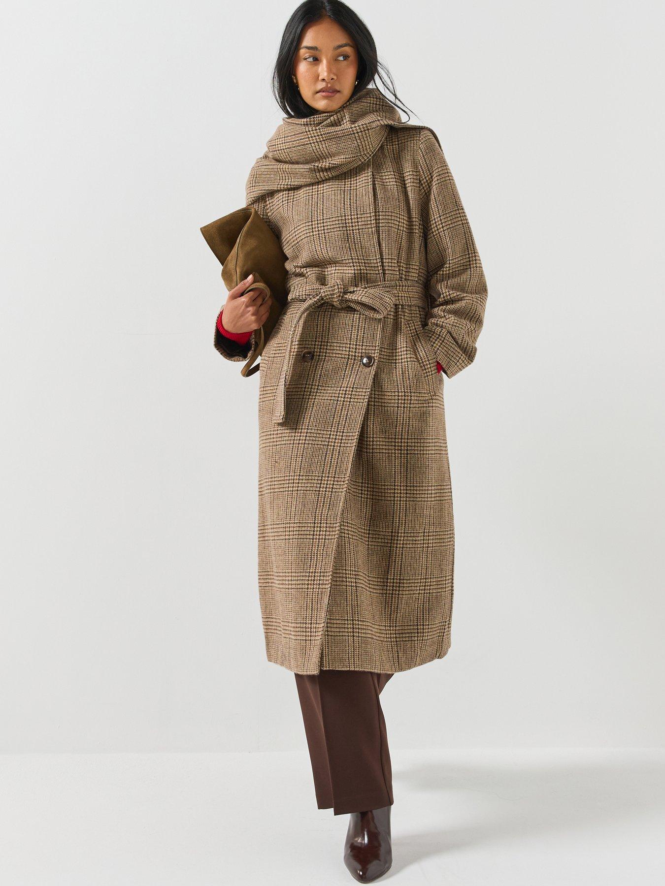 Image 1 of 6 of Vero Moda Vero Moda Womens Longline Belted Check Coat - Brown