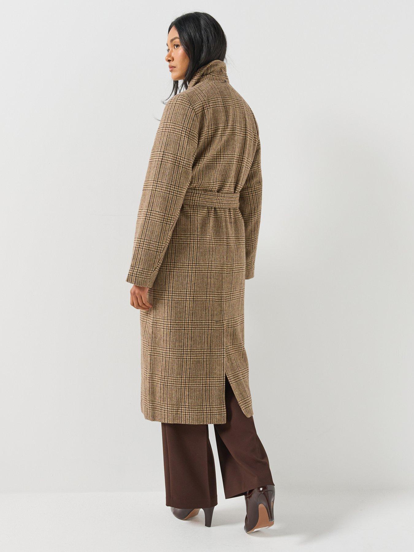 Image 2 of 6 of Vero Moda Vero Moda Womens Longline Belted Check Coat - Brown