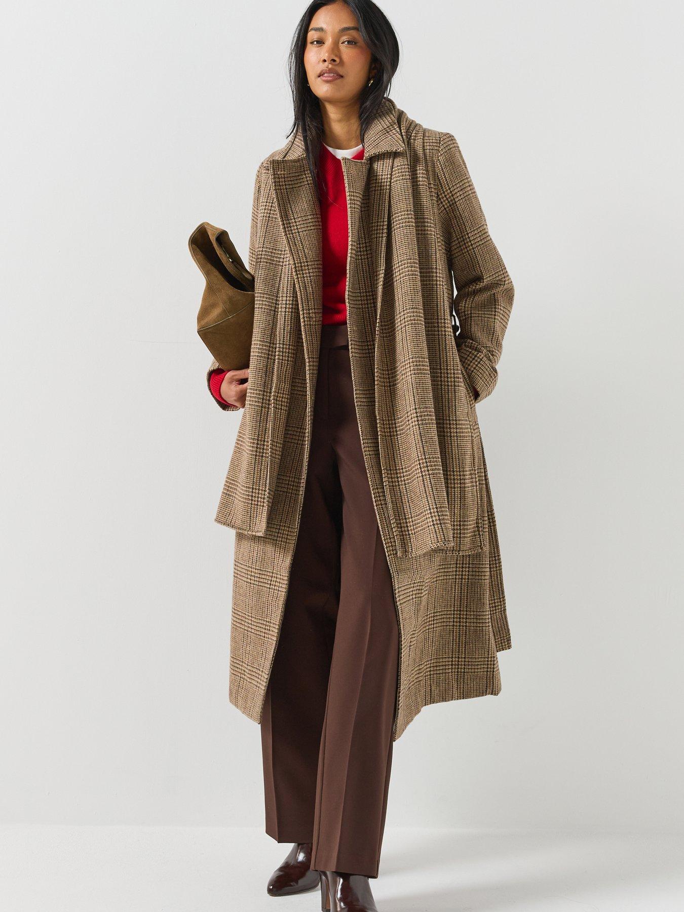 Image 3 of 6 of Vero Moda Vero Moda Womens Longline Belted Check Coat - Brown