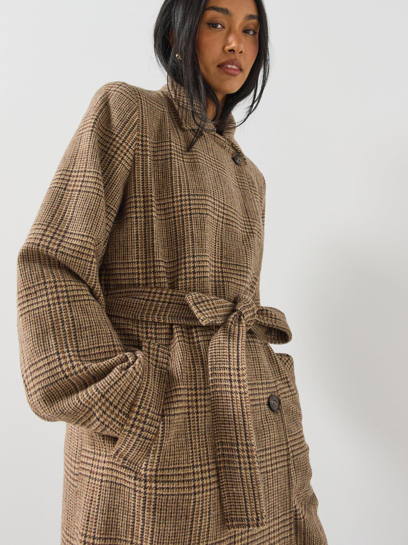 Image 4 of 6 of Vero Moda Vero Moda Womens Longline Belted Check Coat - Brown