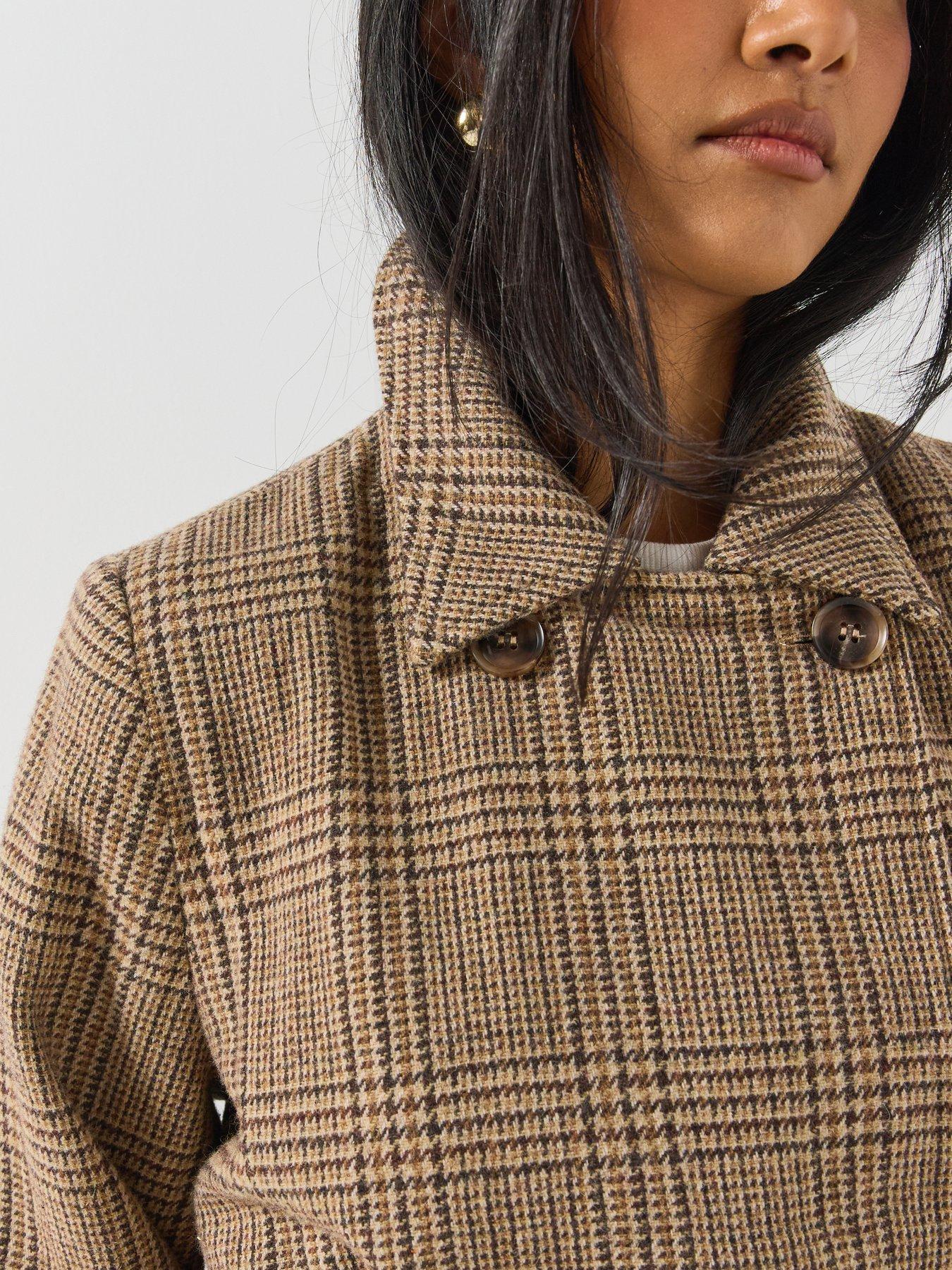Image 5 of 6 of Vero Moda Vero Moda Womens Longline Belted Check Coat - Brown