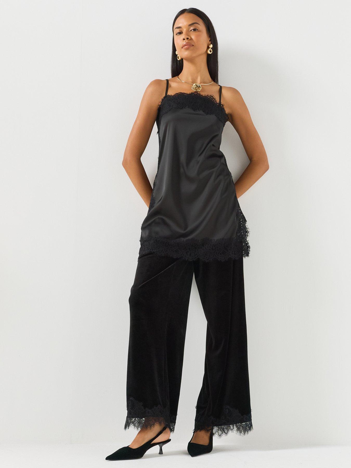 Image 5 of 5 of JDY Womens Velvet Lace Hem Wide Leg Trousers - Black