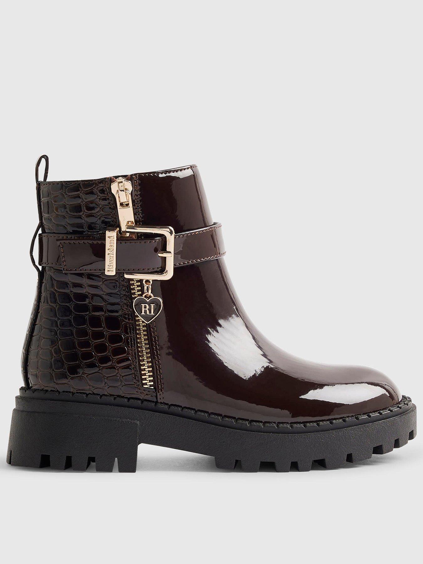 River Island Girls Croc Zip Up Chunky Sole Boots - Brown