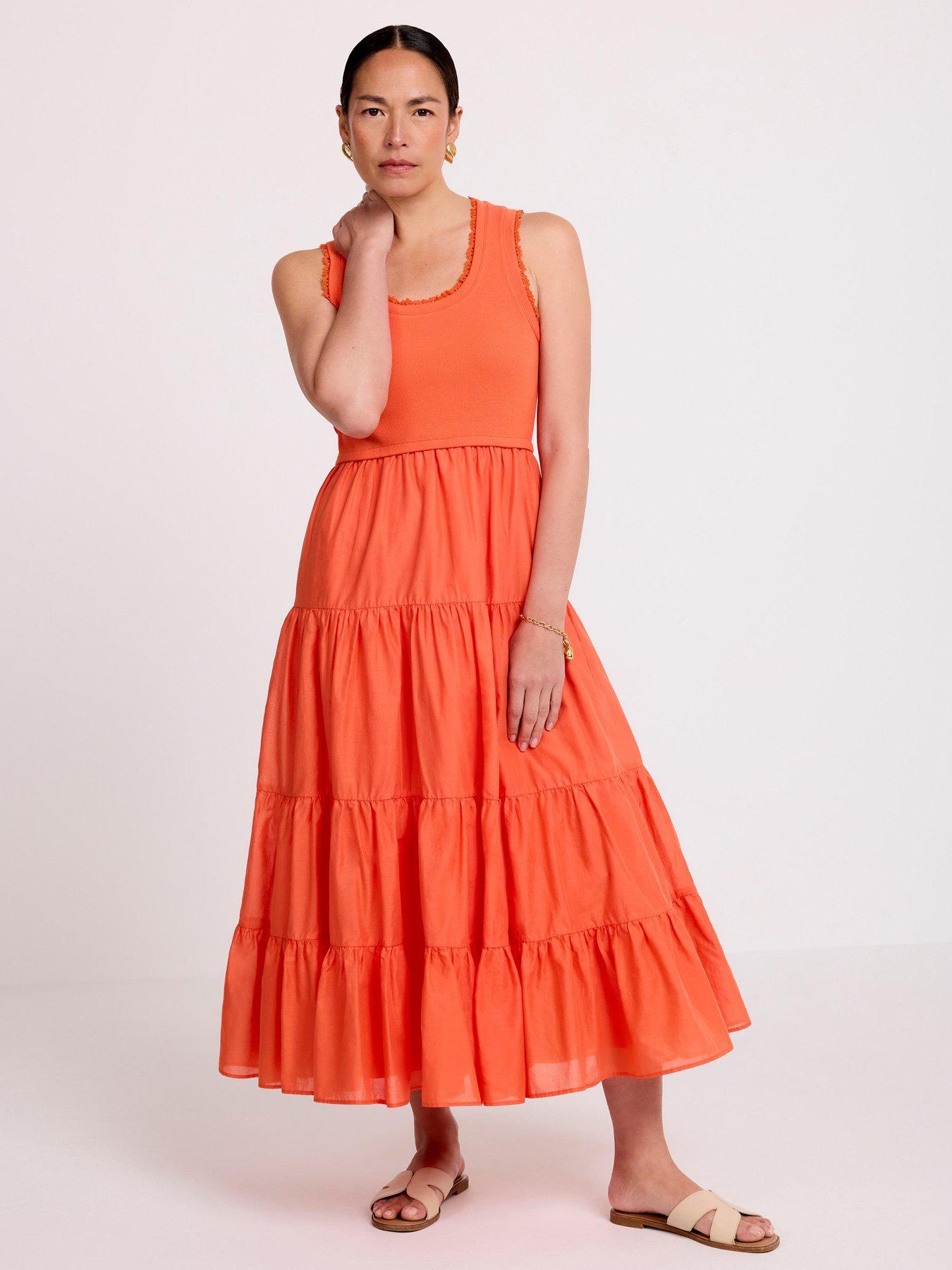 Mint Velvet Trim Tiered Midi Dress - Orange