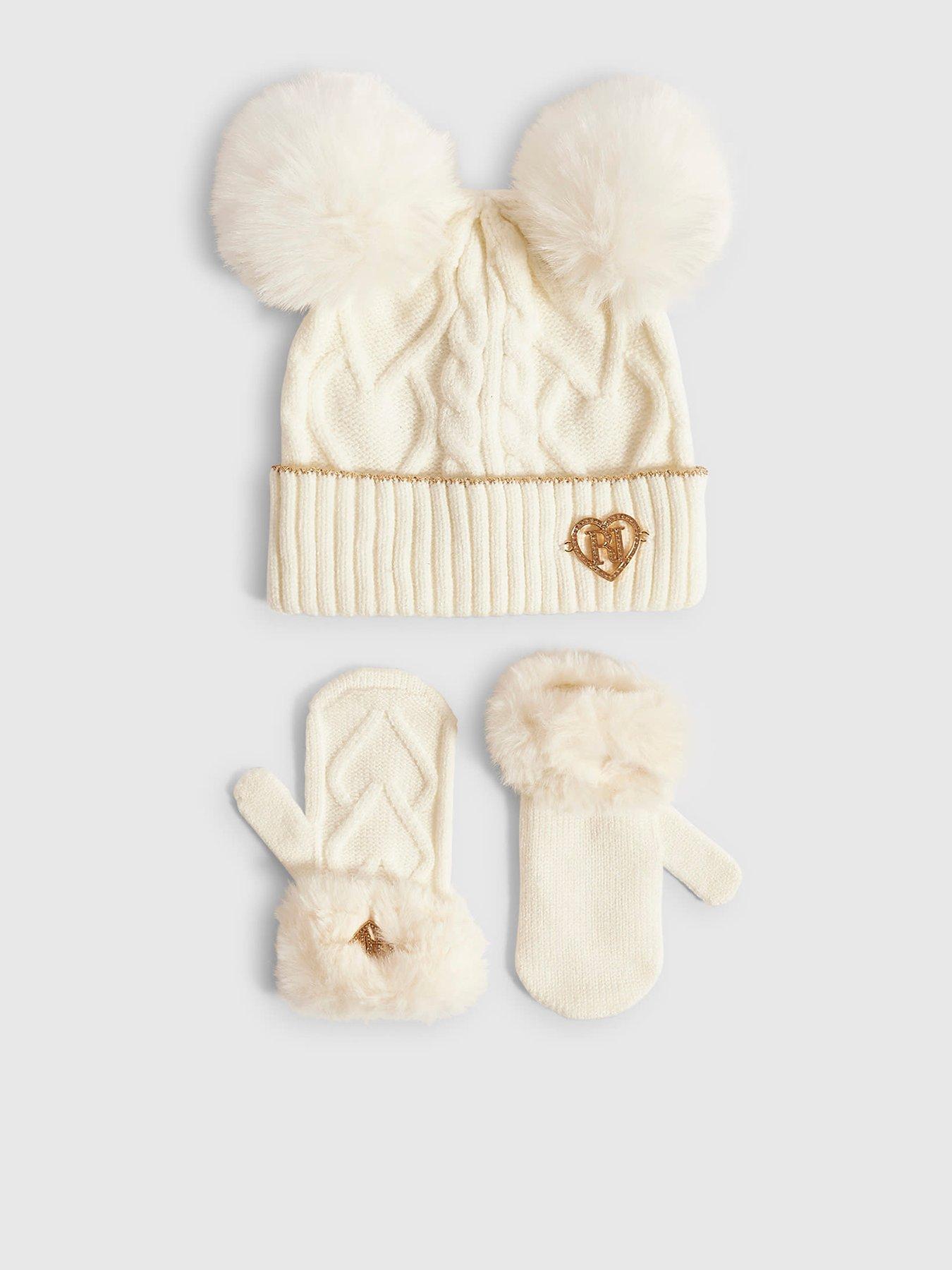Image 1 of 2 of River Island Mini Mini Girls Pom Pom Beanie Set - Cream