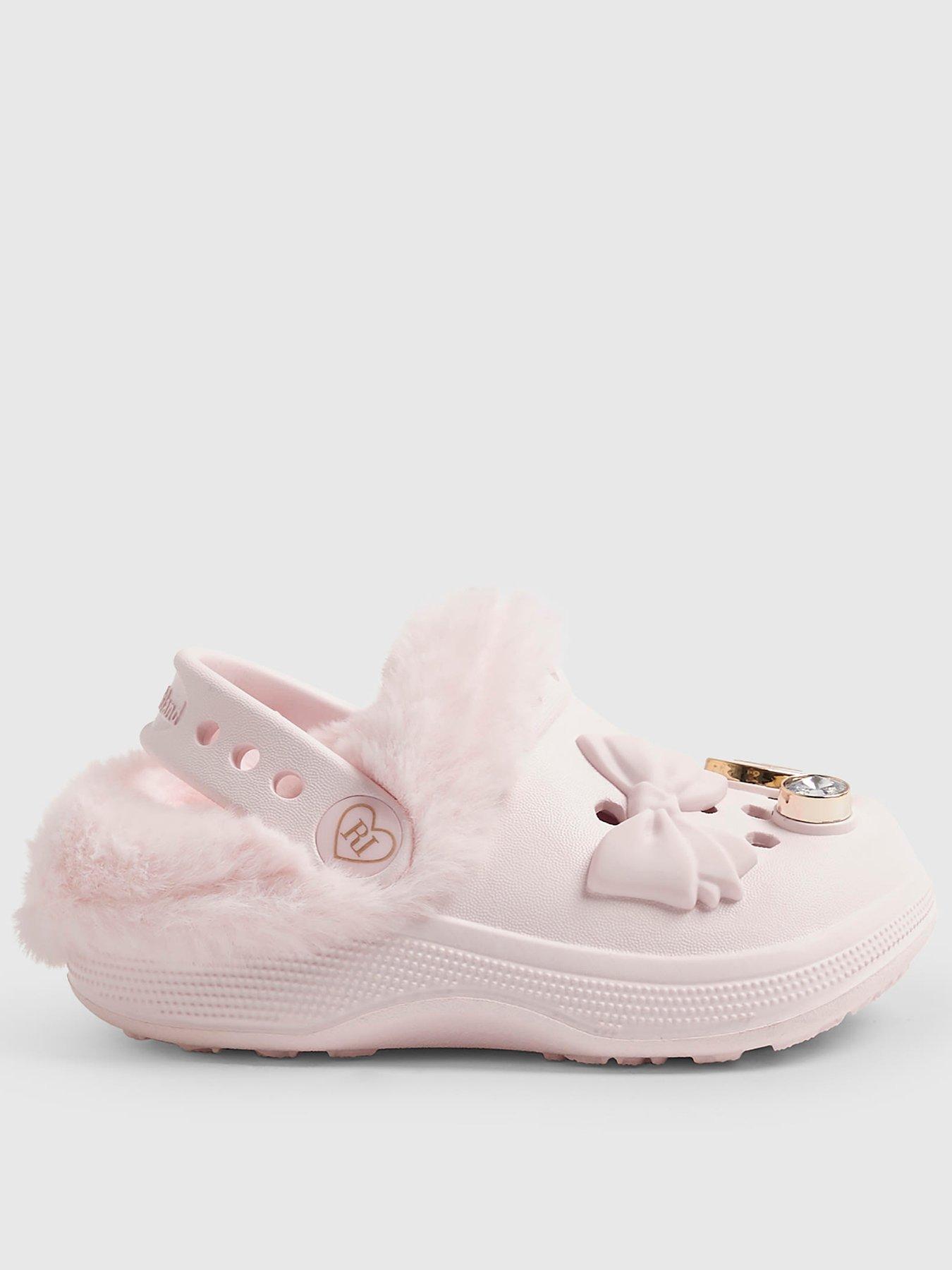 Image 1 of 4 of River Island Mini Girls Faux Fur Lined Bow Clogs - Pink