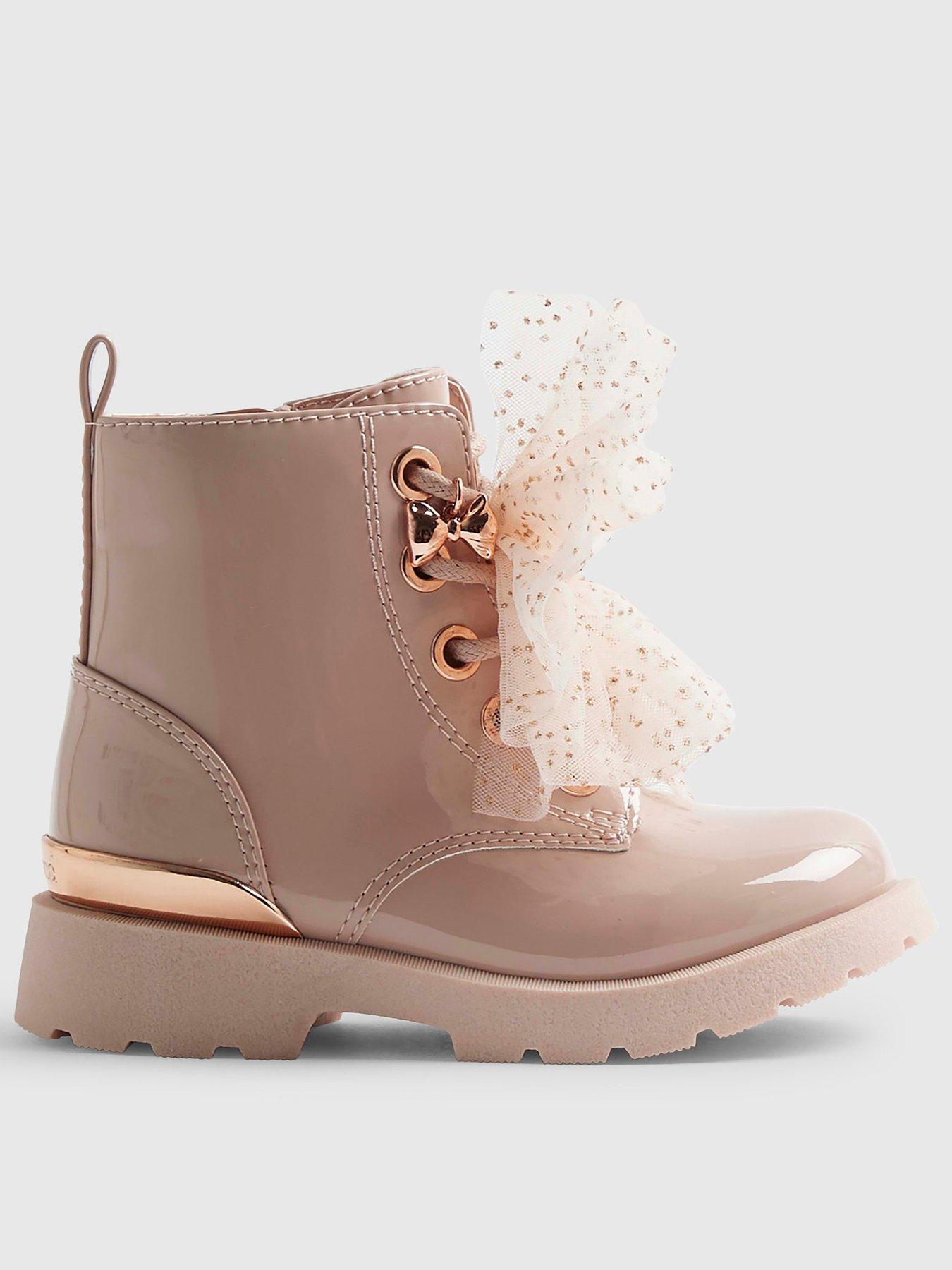 Image 1 of 5 of River Island Mini Girls Lace-Up Bow Detail Boots - Pink