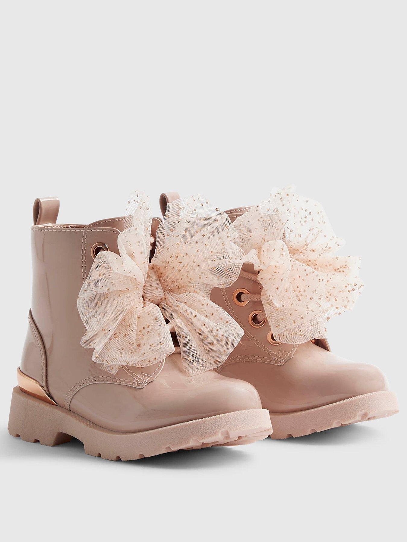 Image 2 of 5 of River Island Mini Girls Lace-Up Bow Detail Boots - Pink