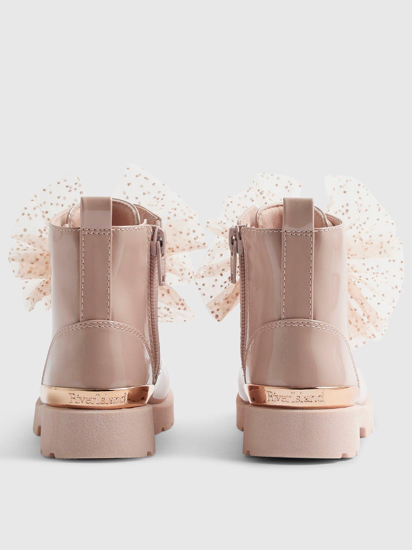 Image 3 of 5 of River Island Mini Girls Lace-Up Bow Detail Boots - Pink