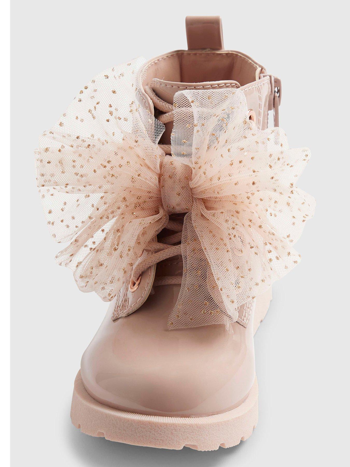 Image 4 of 5 of River Island Mini Girls Lace-Up Bow Detail Boots - Pink