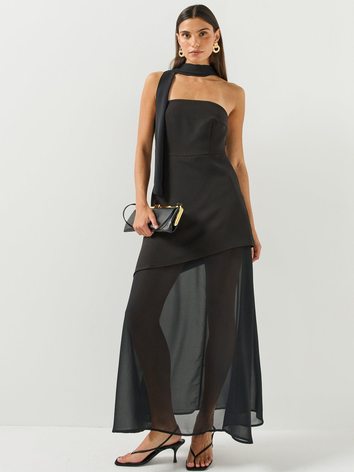 Image 1 of 5 of Vero Moda Womens Jivo Layered Scarf Detail Bandeau Maxi Dress - Black