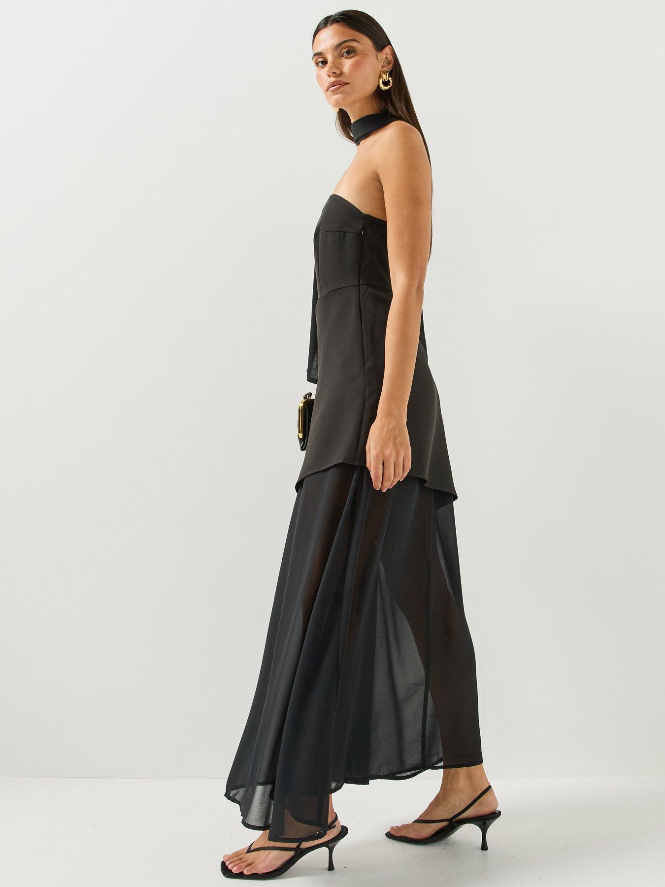 Image 5 of 5 of Vero Moda Womens Jivo Layered Scarf Detail Bandeau Maxi Dress - Black