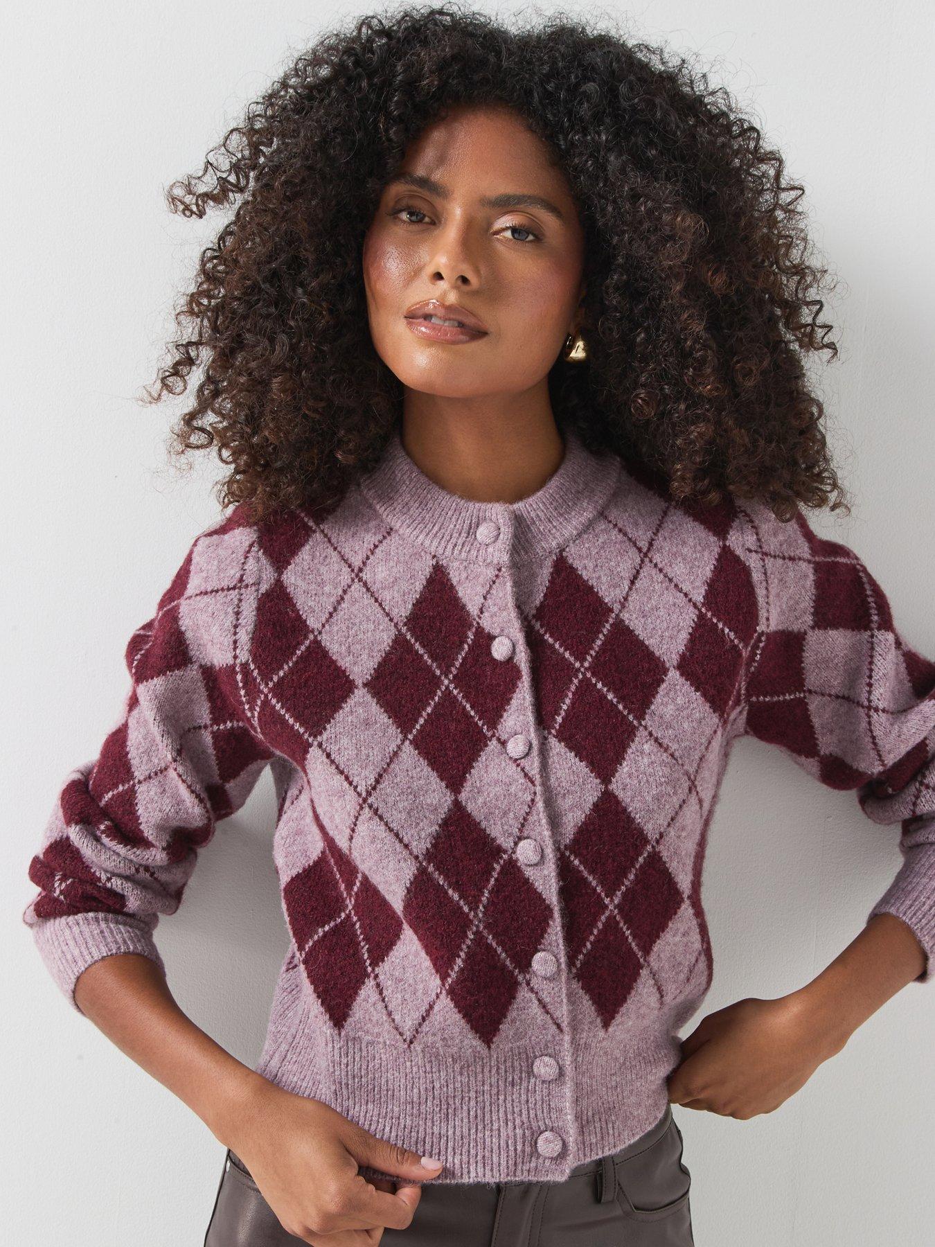 Image 1 of 5 of Vero Moda Womens Argyle Crew Neck Button Through Cardigan - Pink