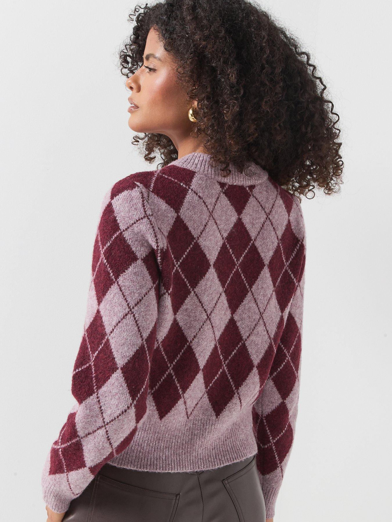 Image 2 of 5 of Vero Moda Womens Argyle Crew Neck Button Through Cardigan - Pink