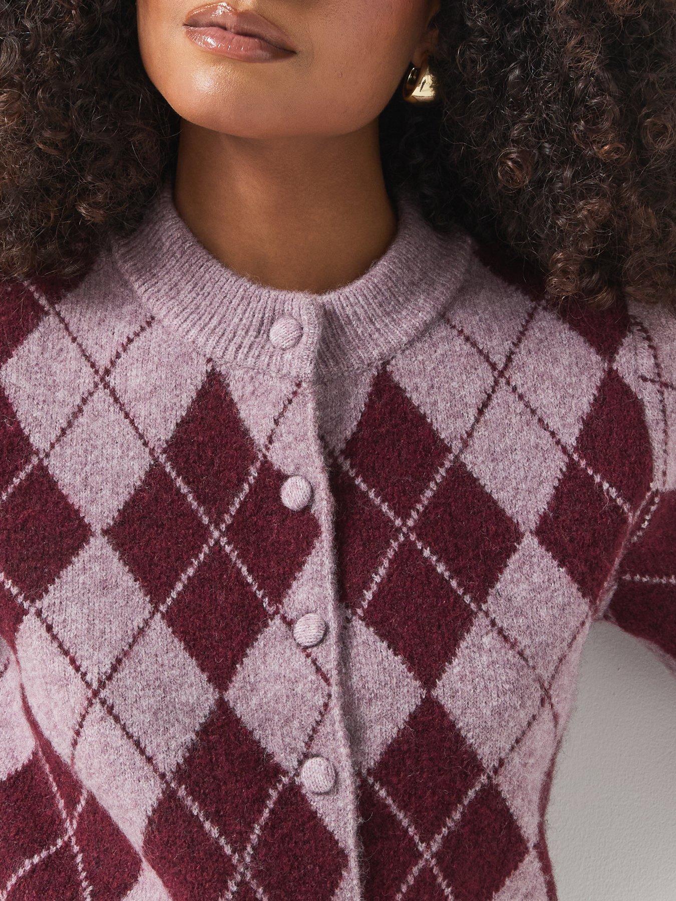 Image 4 of 5 of Vero Moda Womens Argyle Crew Neck Button Through Cardigan - Pink