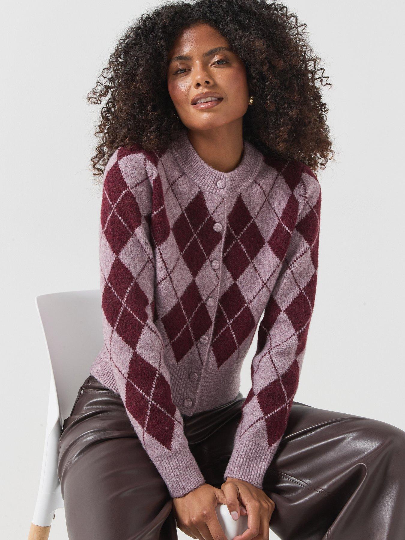 Image 5 of 5 of Vero Moda Womens Argyle Crew Neck Button Through Cardigan - Pink