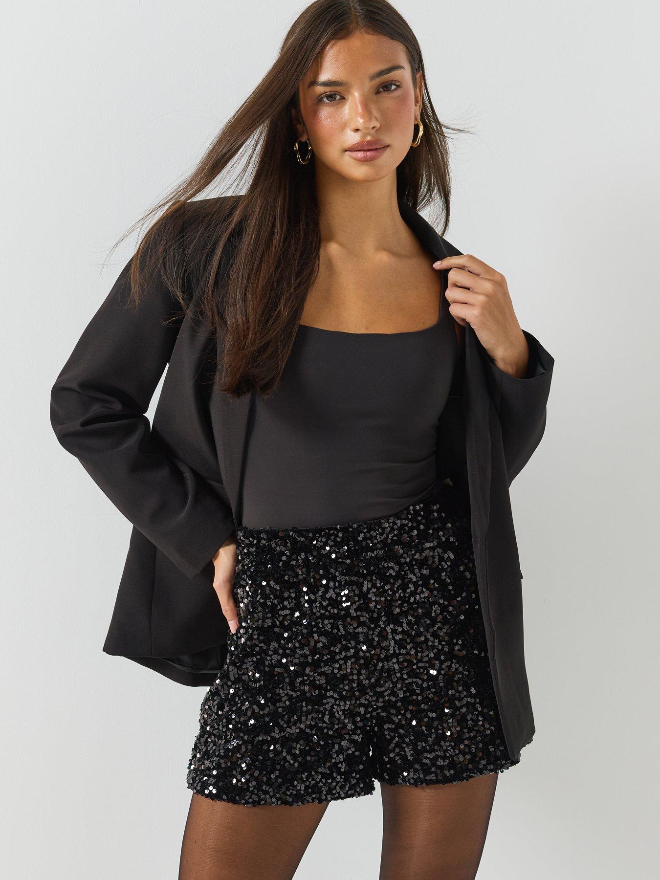 Image 4 of 6 of Only Womens Confidence Sequin High Waist Shorts - Black