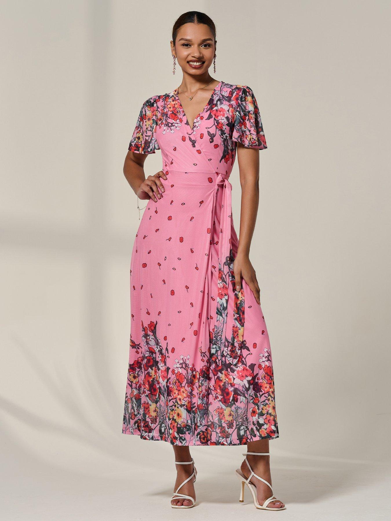 Jolie Moi Mirror Print Mesh Wrap Maxi Dress - Pink Floral