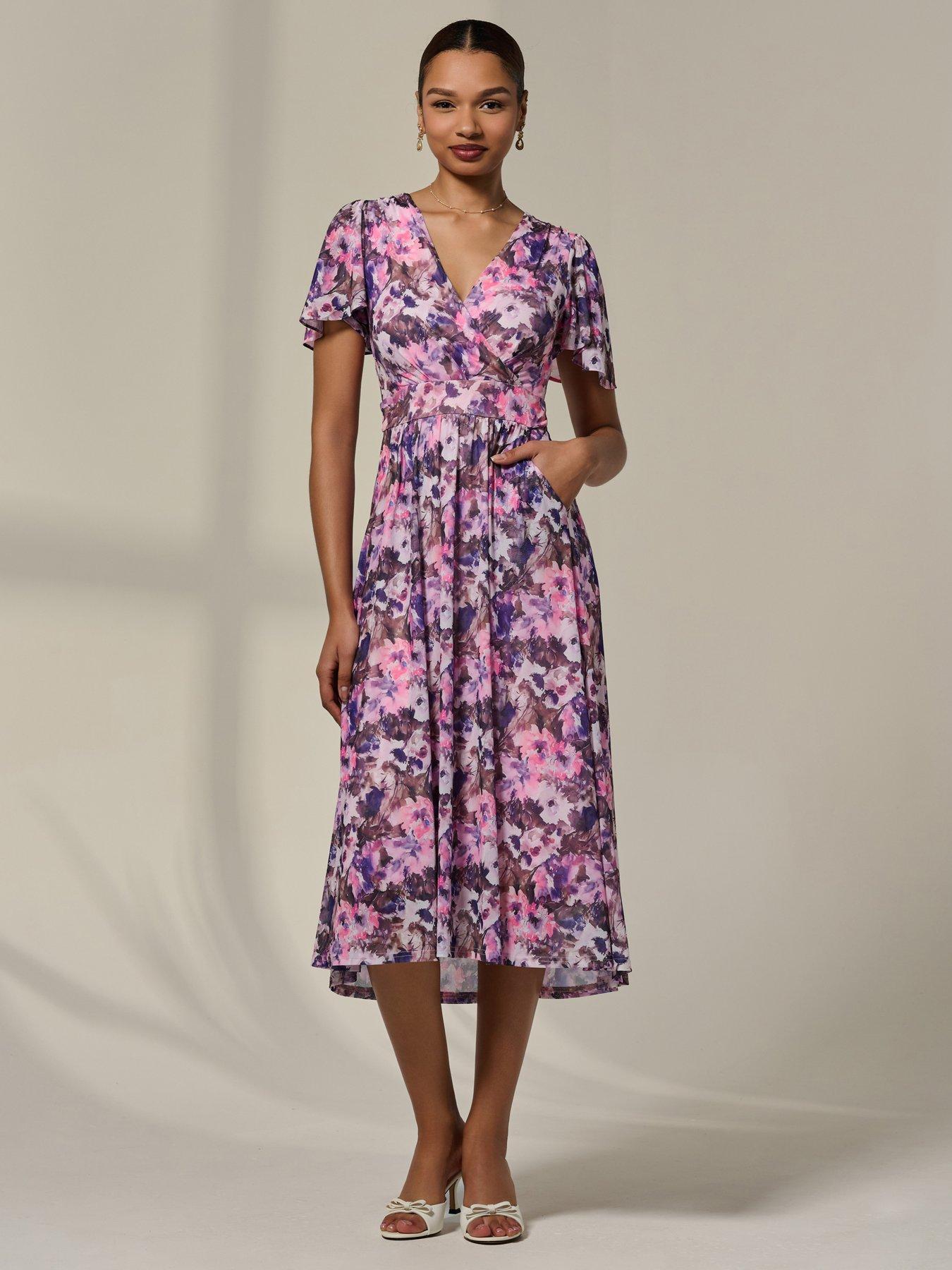 Jolie Moi Petite Mesh Short Sleeve Wrap Midaxi Dress - Pink Abstract