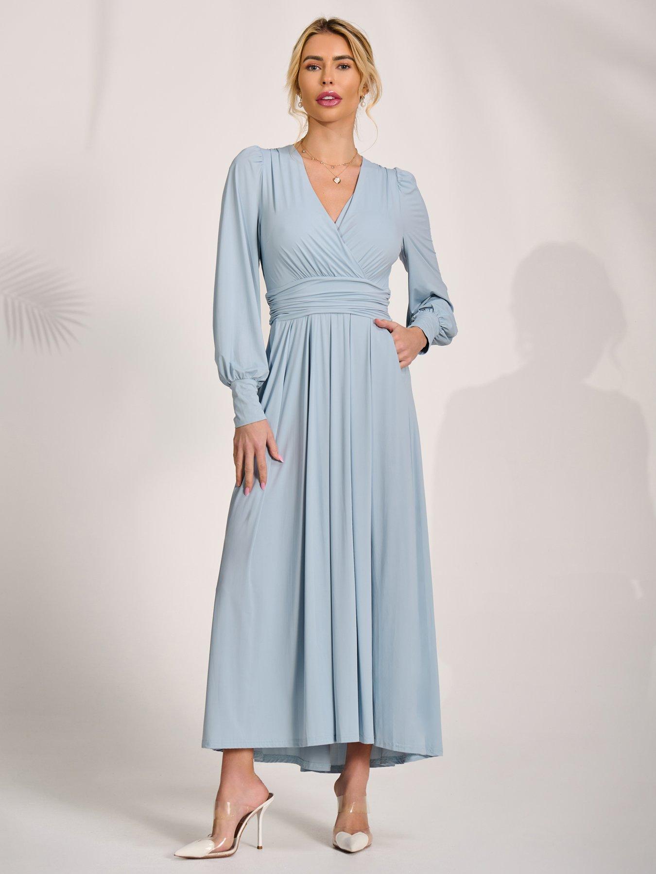 Jolie Moi Long Sleeve Soft Silky Jersey Maxi Dress - Ice Blue