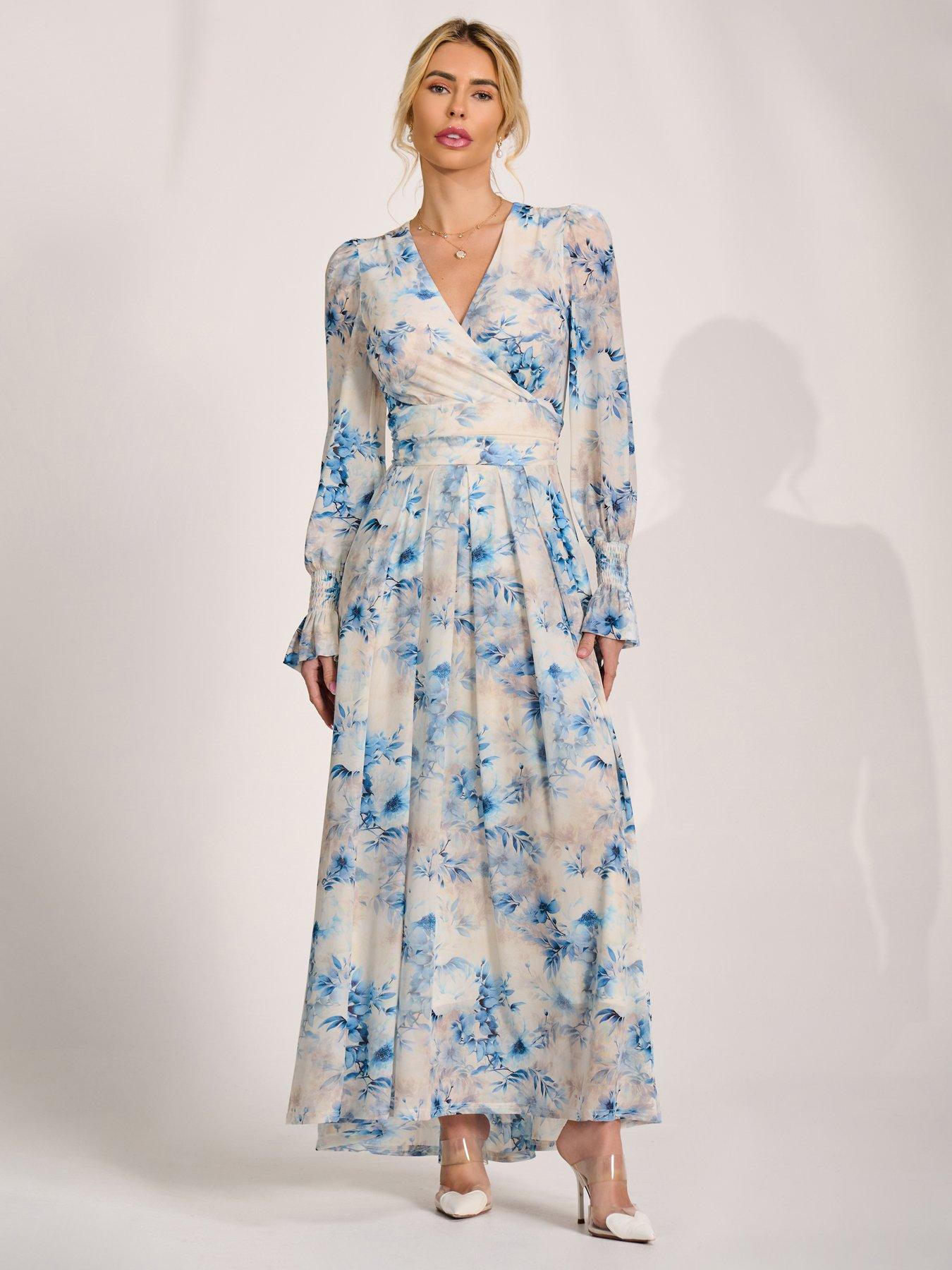 Jolie Moi Long Sleeve V Neck Mesh Maxi Dress - Cream Floral