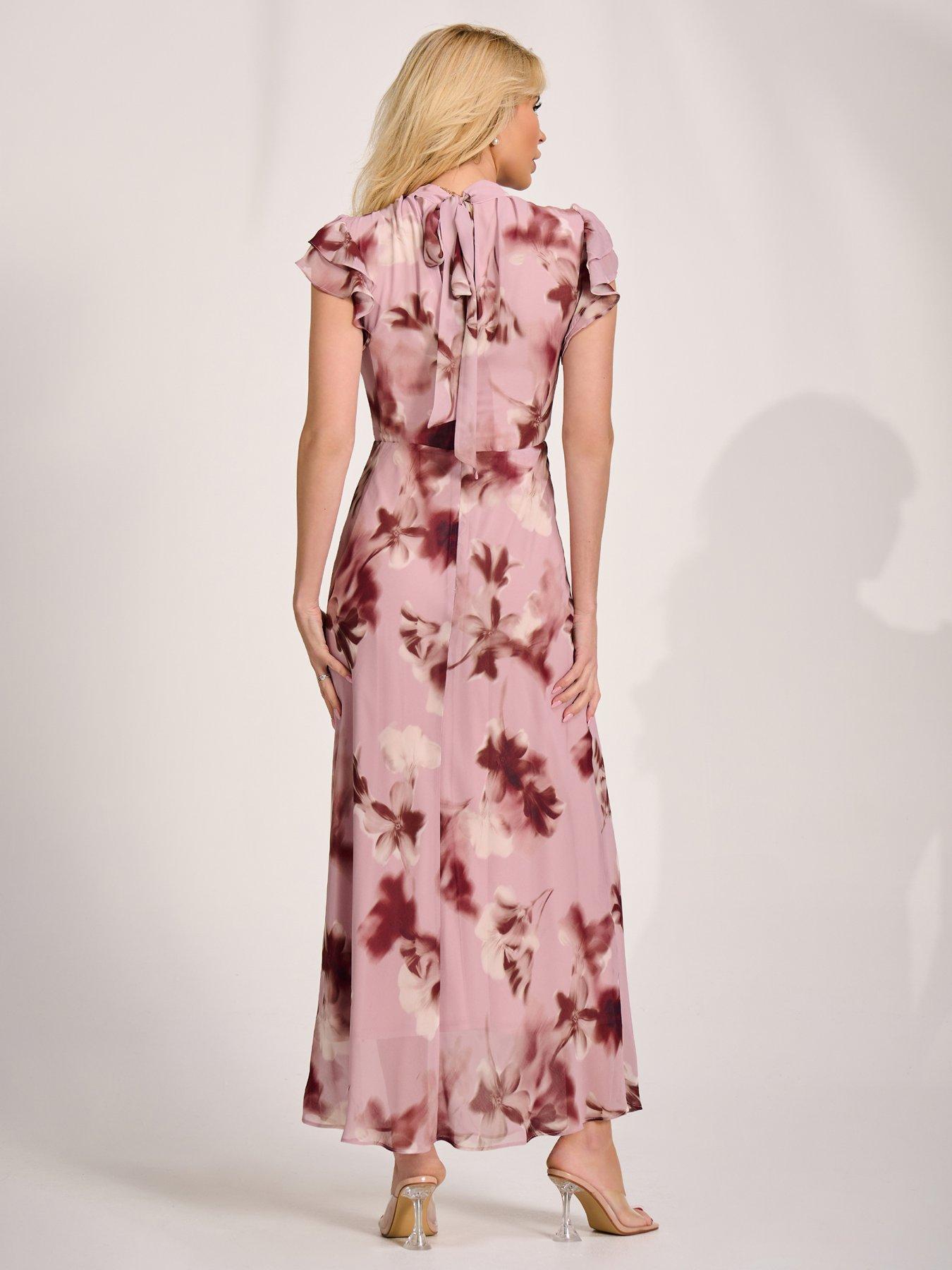 Image 2 of 7 of Jolie Moi High Neck Ruffle Sleeve Chiffon Maxi Dress - Pink