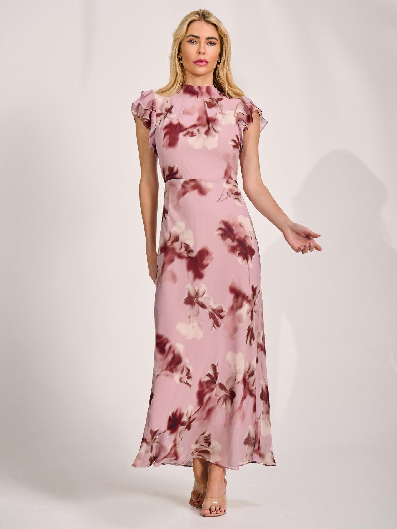 Image 3 of 7 of Jolie Moi High Neck Ruffle Sleeve Chiffon Maxi Dress - Pink