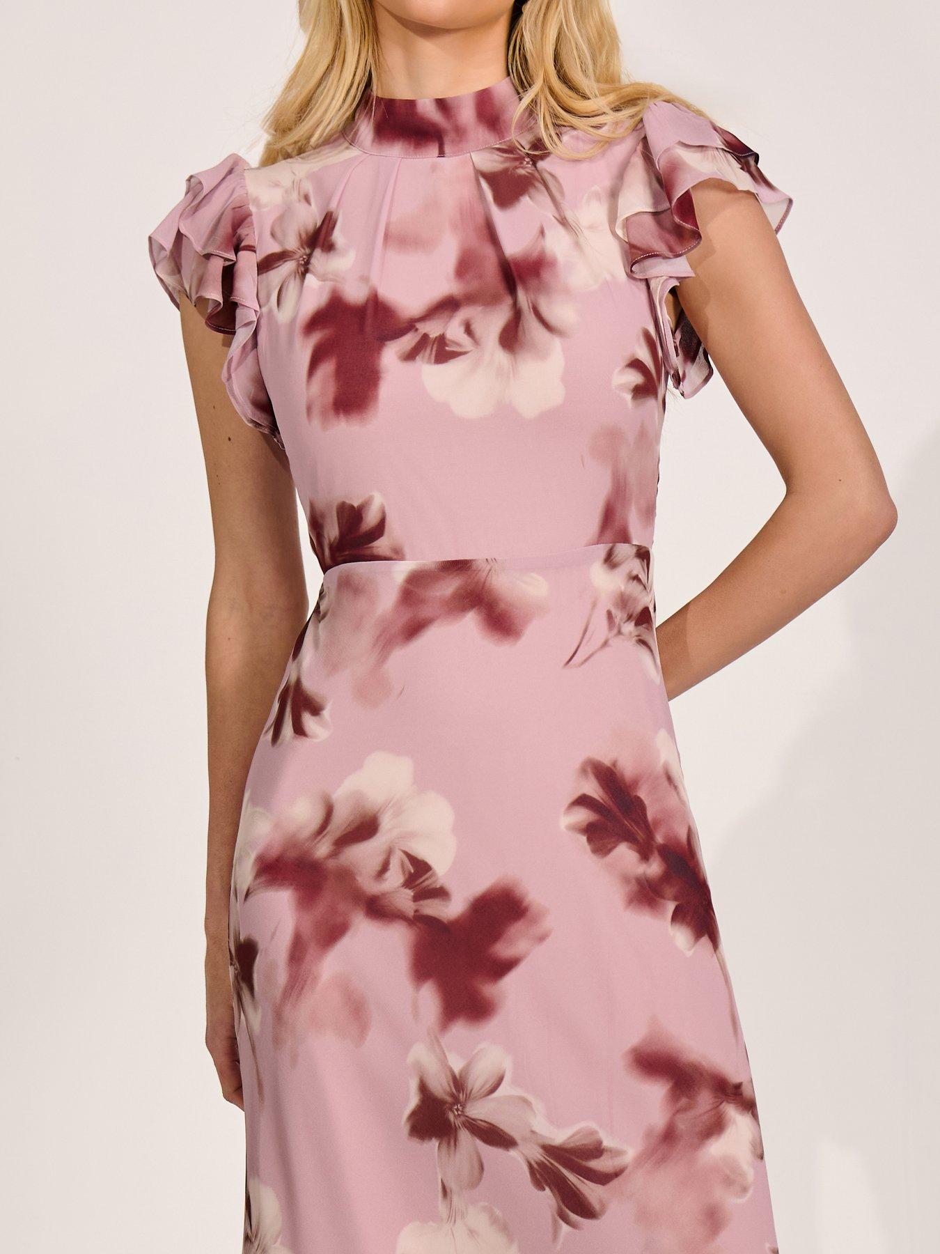 Image 4 of 7 of Jolie Moi High Neck Ruffle Sleeve Chiffon Maxi Dress - Pink