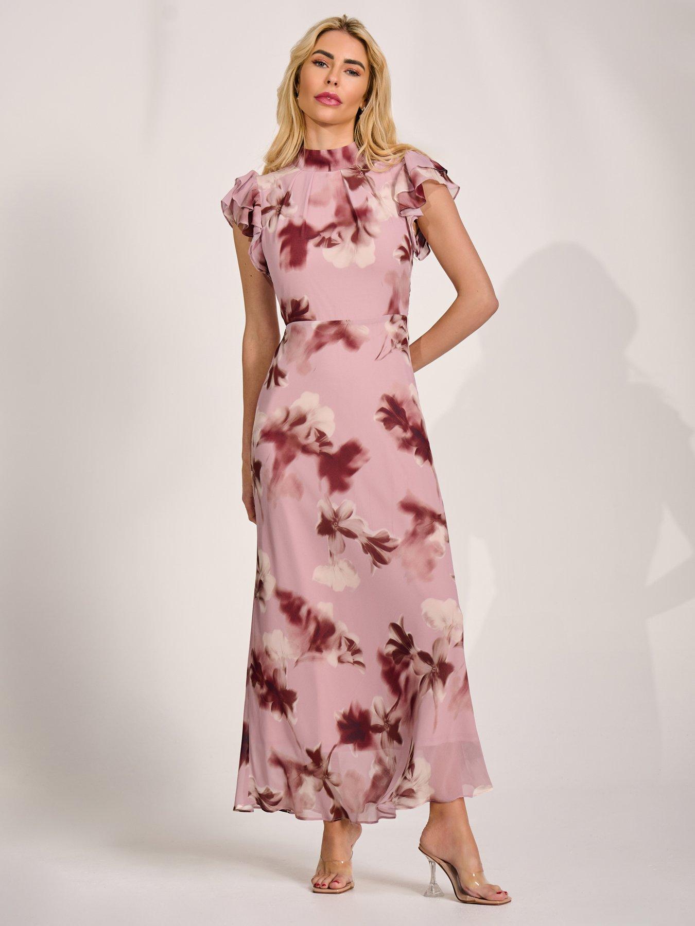Image 5 of 7 of Jolie Moi High Neck Ruffle Sleeve Chiffon Maxi Dress - Pink